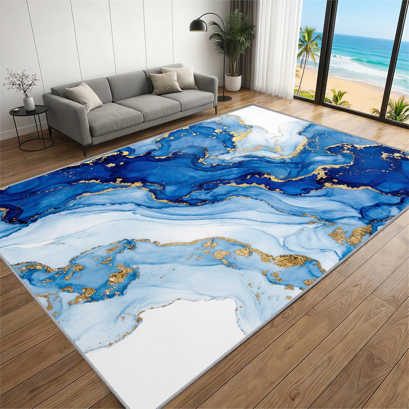 BEQUTIY Abstract Marble Texture Rug 180 x 240 cm, Gold Foil Splash Art Area Rugs, Carpets In Entertainment Area Low Pile for Machine Washable Non Slip Carpet, for Dining Room, Bedroom Fireplaces