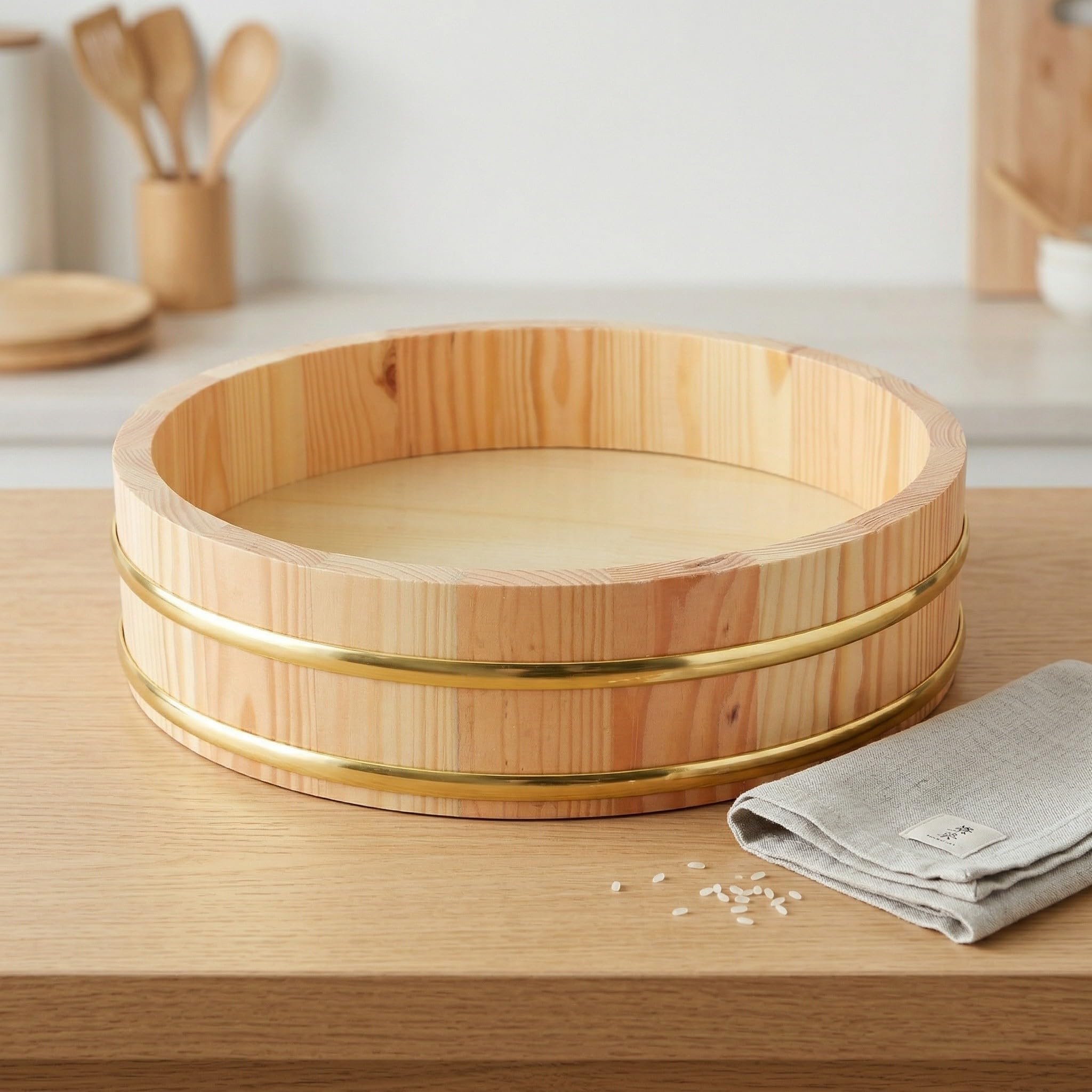 IMIKEYA Bol à Riz à Sushi en Bois avec Bord Doré Élégant, Lot de 2 Pièces, Solide Renforcé Texture Optimale du Riz, pour Service de Sushi en Restaurant