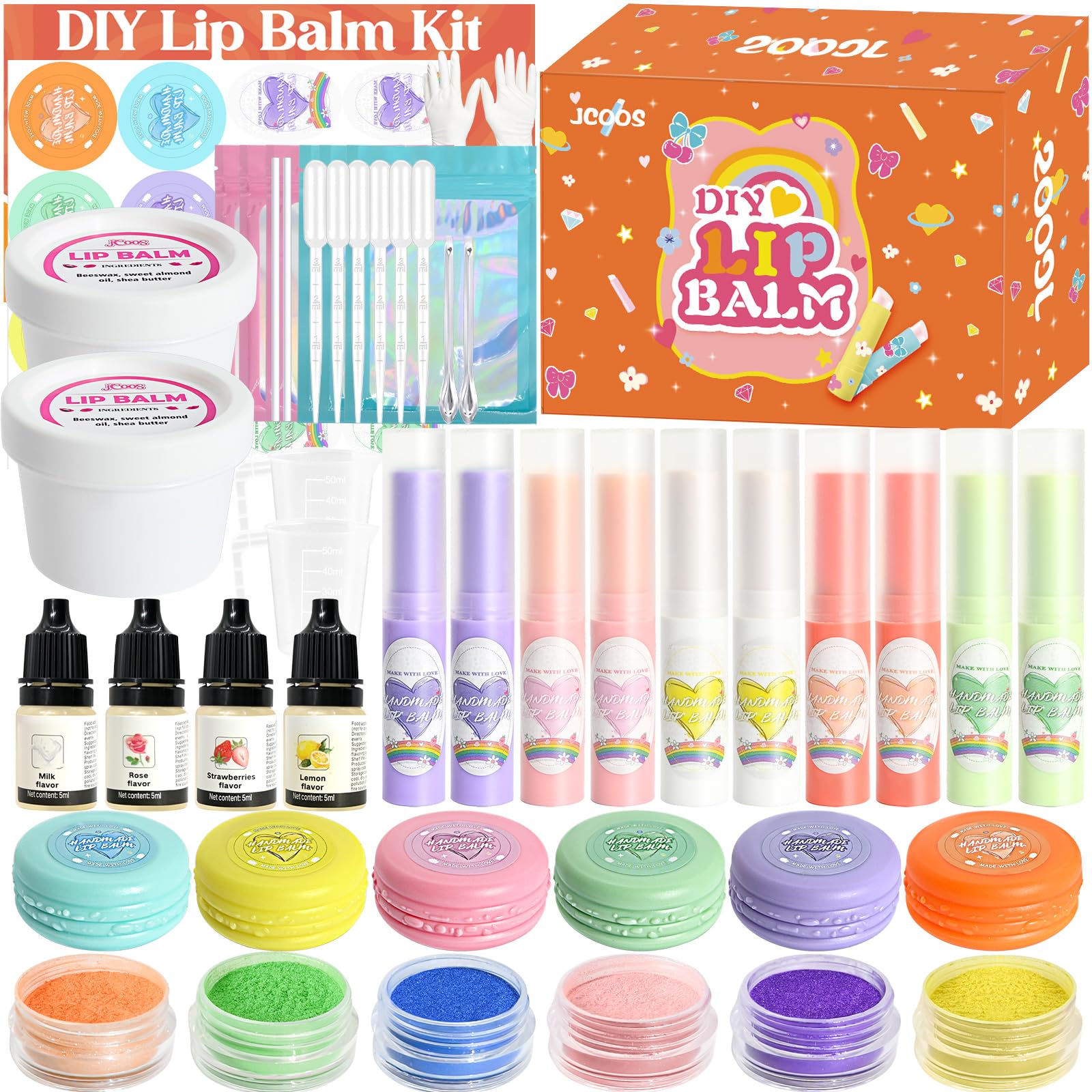 JCOOS Lip Balm Making Kit- Lip Gloss Set to Make Your Own DIY Balm for Adults, Moisturizing DIY Lip Gloss Kit with Lip Balm Base, Essential Oil, Empty