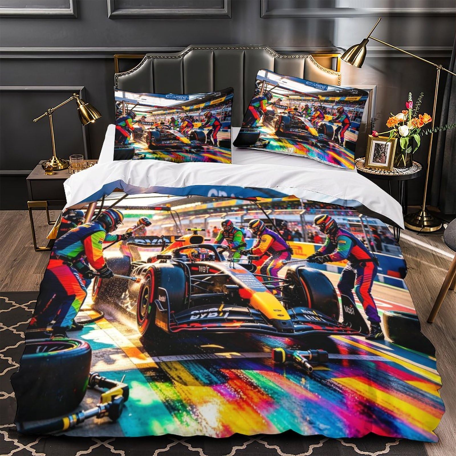 DAFUfbw Luxe Formulaa Racing Duvet Cover Set With Hidden Zipper, Double（200x200cm） Pit Stop Quilt Cover Set with Pillowcases Bedding Set Soft Microfiber