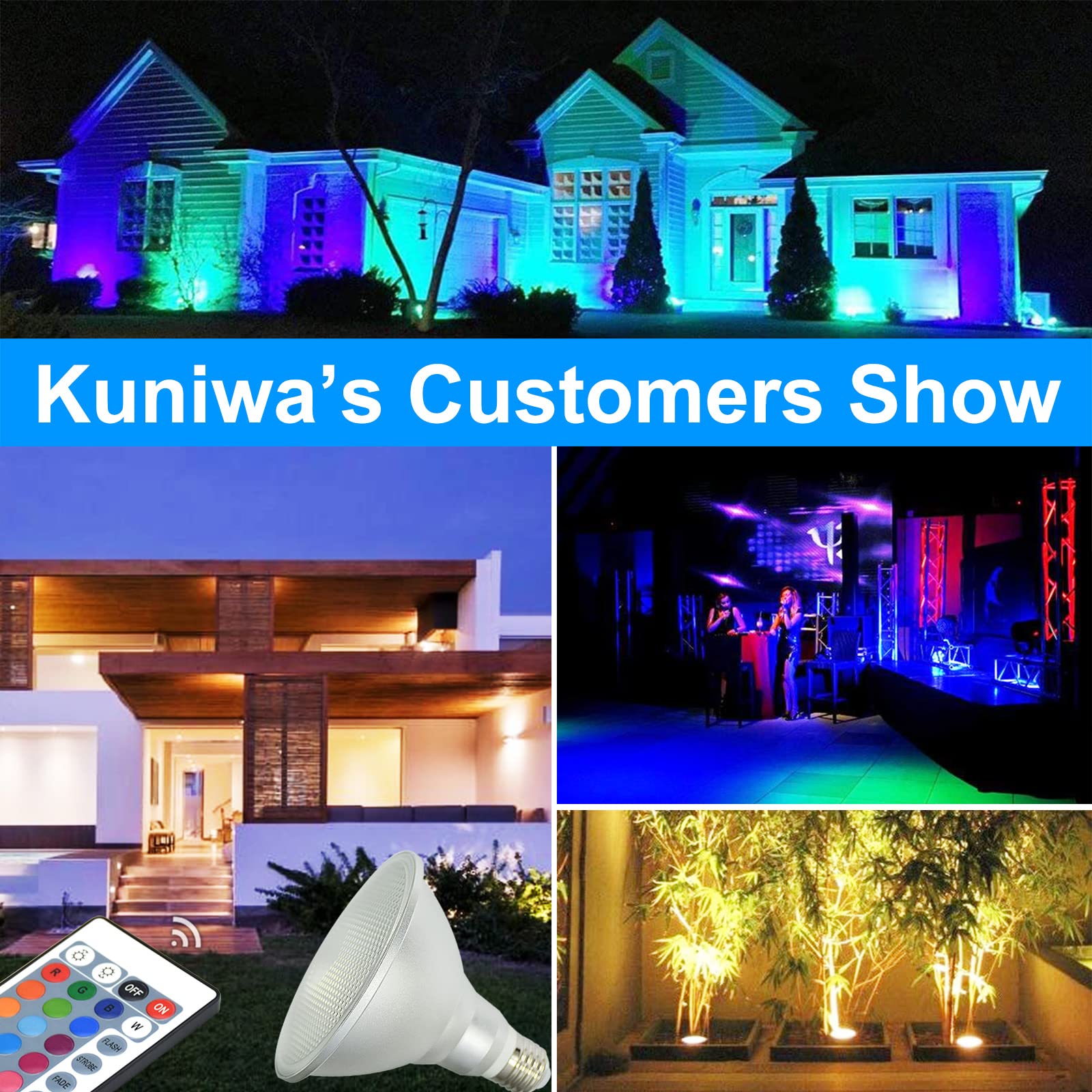 Kuniwa 2 Pack RGB PAR38 Flood Light Outdoor with Remote, 30W=90W, Waterproof LED Color Changing Light Bulbs, 3000K Warm White, 1800lm, Christmas Party Decor Dimmable Lamp