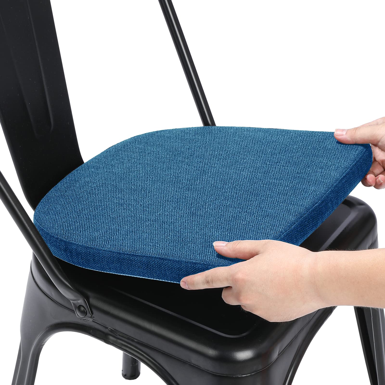 BUYUE Friendly Woven Fabric 14x14 Magnetic Cushion for Metal Chair 1 Piece, Enhanced Anti-Slip Seat Pad for Dining Kitchen Café Stackable Chair (U-Shape, Dark Blue, 1 Count)