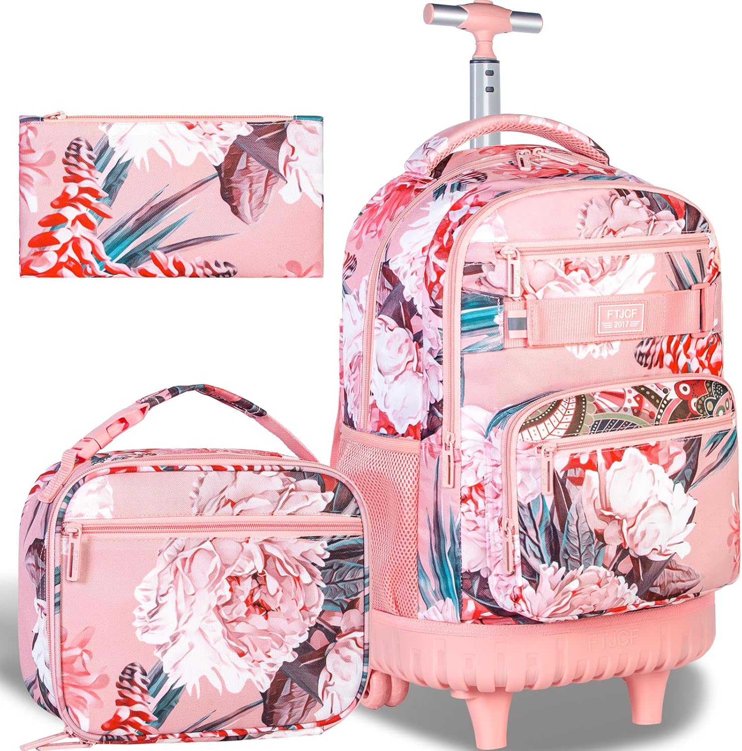 (Incomplete, only 2 pieces) Rolling Backpack for Girls Women, 19 Inche Adults Roller Bag with Wheels, Flower Wheeled Bookbag with Lunch Box(Pink) Pink Flower