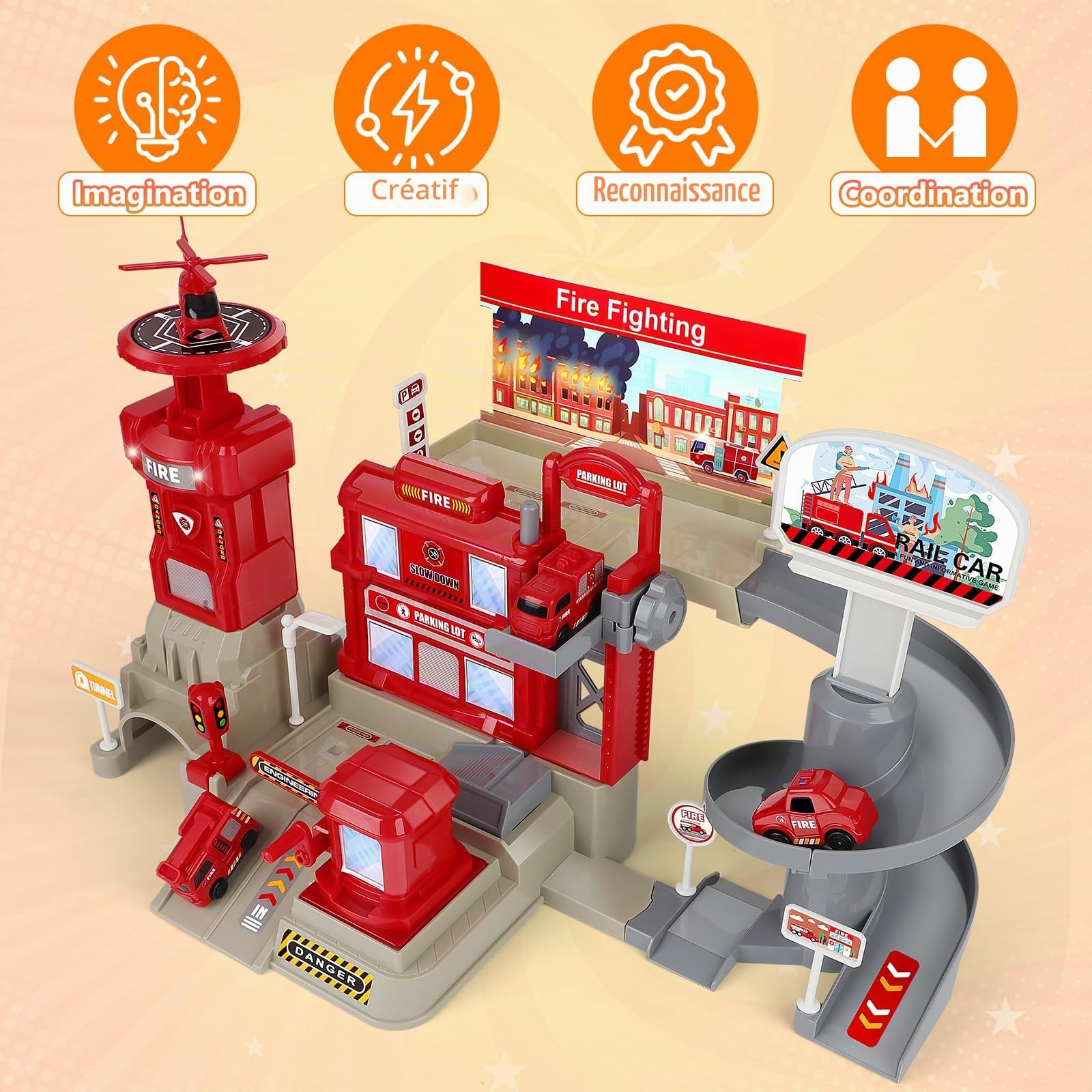 deAO Camion de Pompiers Jouet 2 Étages Dès 3 Ans – Caserne Garage avec Lumières et Sons, 3 Voitures et Hélicoptère, Jeu de Sauvetage et Cadeau Enfants