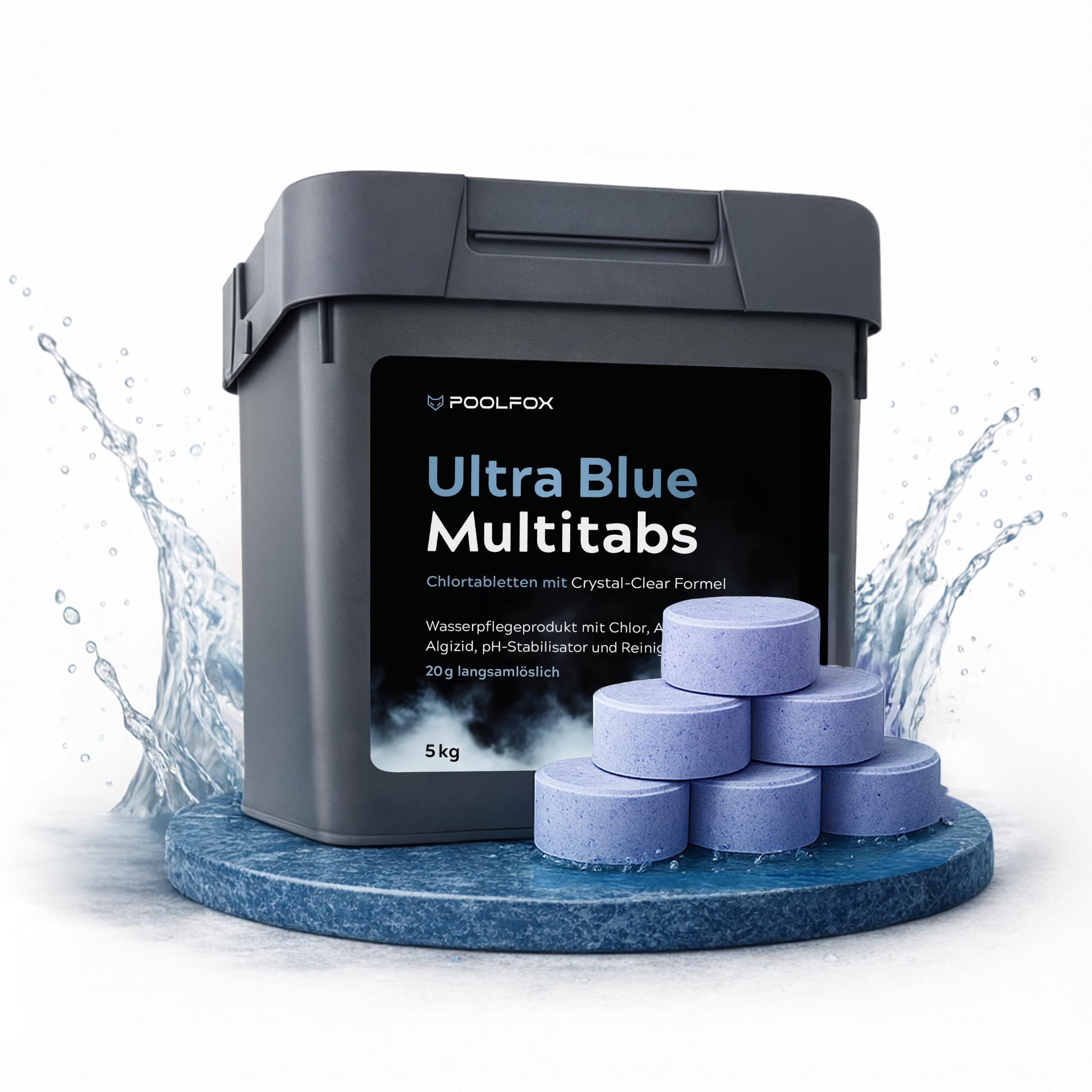Ultra Blue Chlor Multitabs 5in1 – 5 kg (20 g Tabs) – langsamlösliche Chlortabletten für Pool – mit Algizid & pH-Stabilisator – für Sand- & Kartuschenfilter