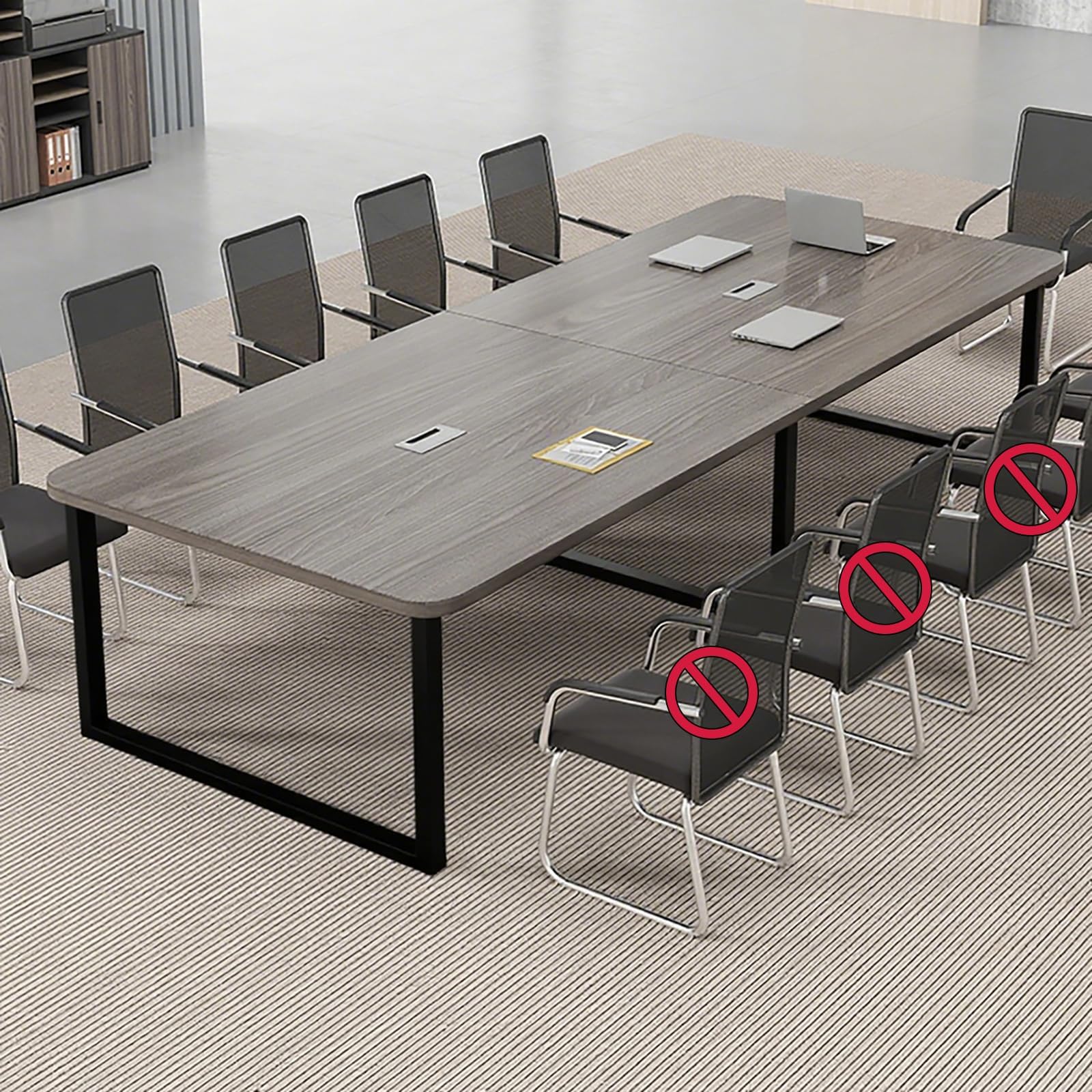 Large Conference Table with Metal Frame and Thickened Top, Modern Spacious & Versatile Meeting Table with Cable Management, for Office, Boardroom, and Training Room (4-18 People)(Chair not Included)
