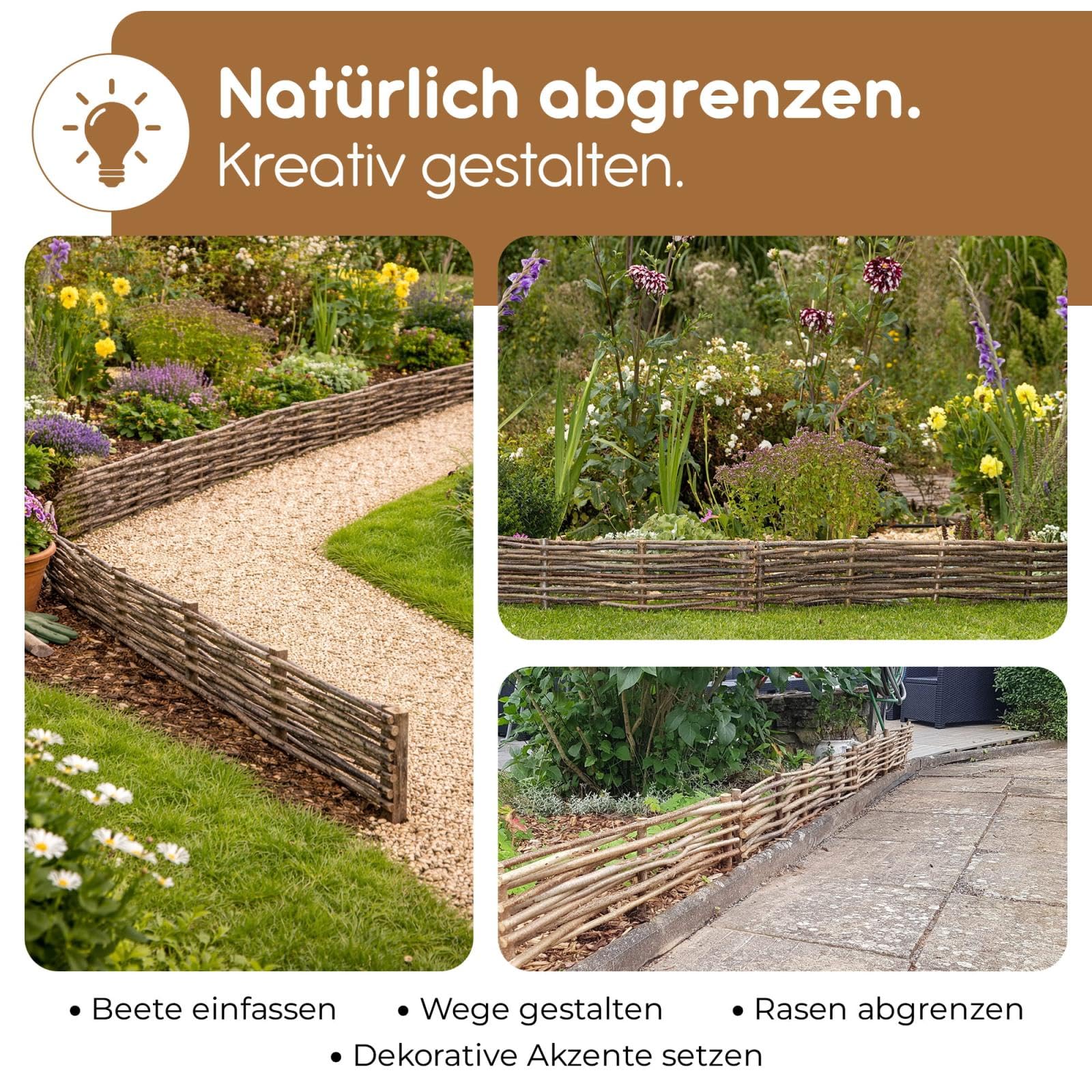 BOOGARDI Mini Gartenzaun Holz · Rasenkante in 3 Größen · 5X Beeteinfassung 20 cm hoch x 120 cm lang · Holz Zaun Beetbegrenzung · Steckzaun zur Beetumrandung · Holzzaun Garten Beetzaun