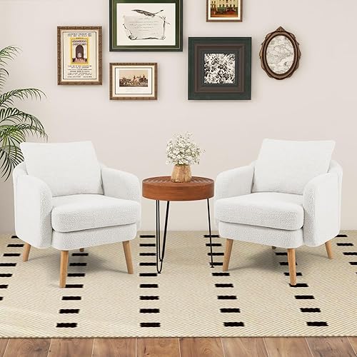 Miniatura 2 de Giantex Juego de 2 sillas decorativas de sherpa, moderna silla tapizada para sofá individual con almohada trasera y patas de madera de goma maciza,