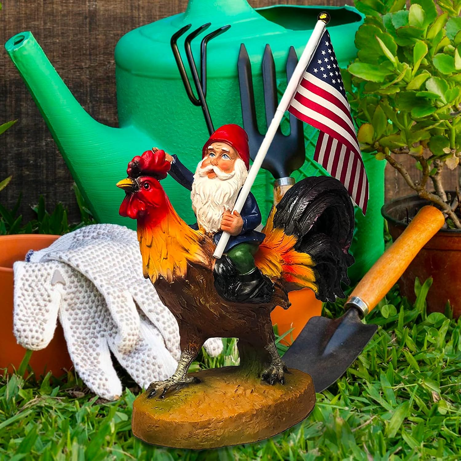 Funny Guy Mugs Gnome Riding A Rooster Garden Gnome Statue- Indoor/Outdoor Garden Gnome Funny Sculpture for Patio, Yard or Lawn