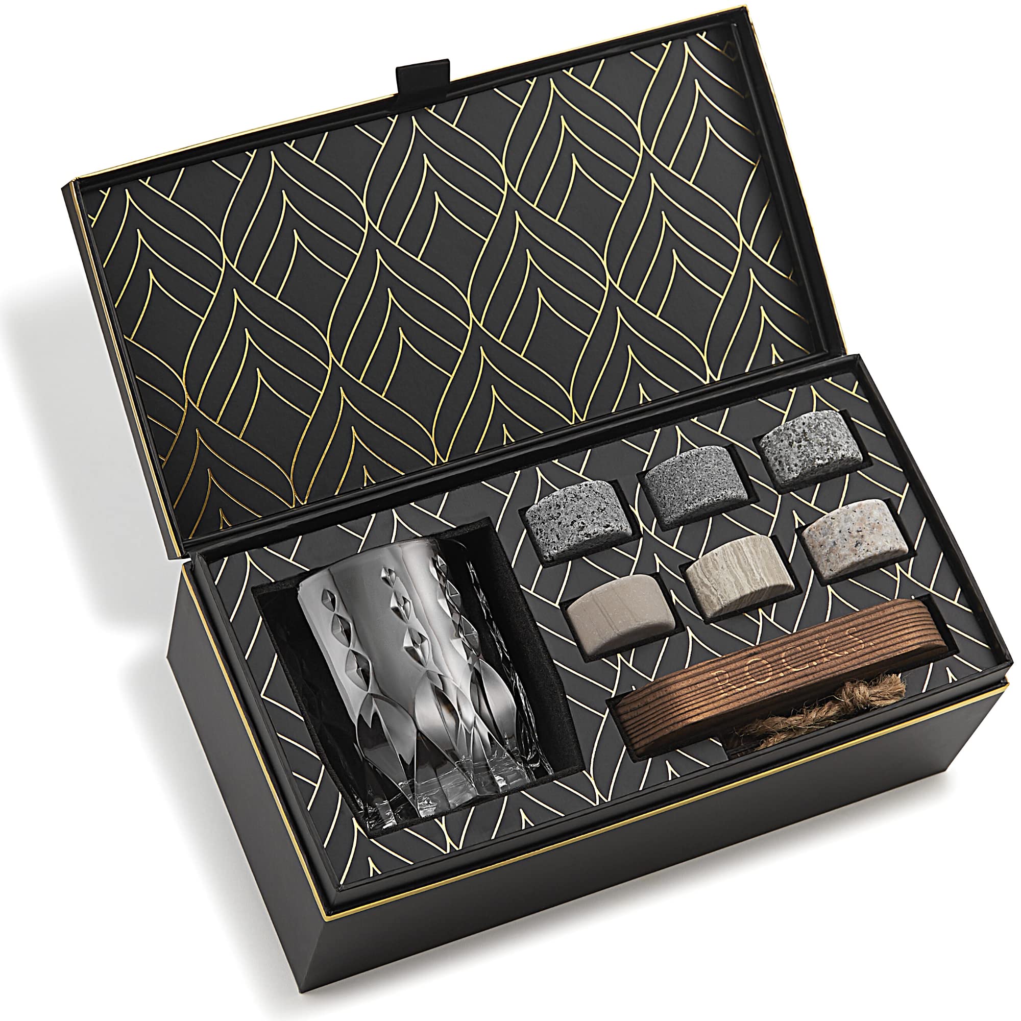 Set de piedras de whisky Monarch y vaso de cristal ecológico en caja regalo de oro