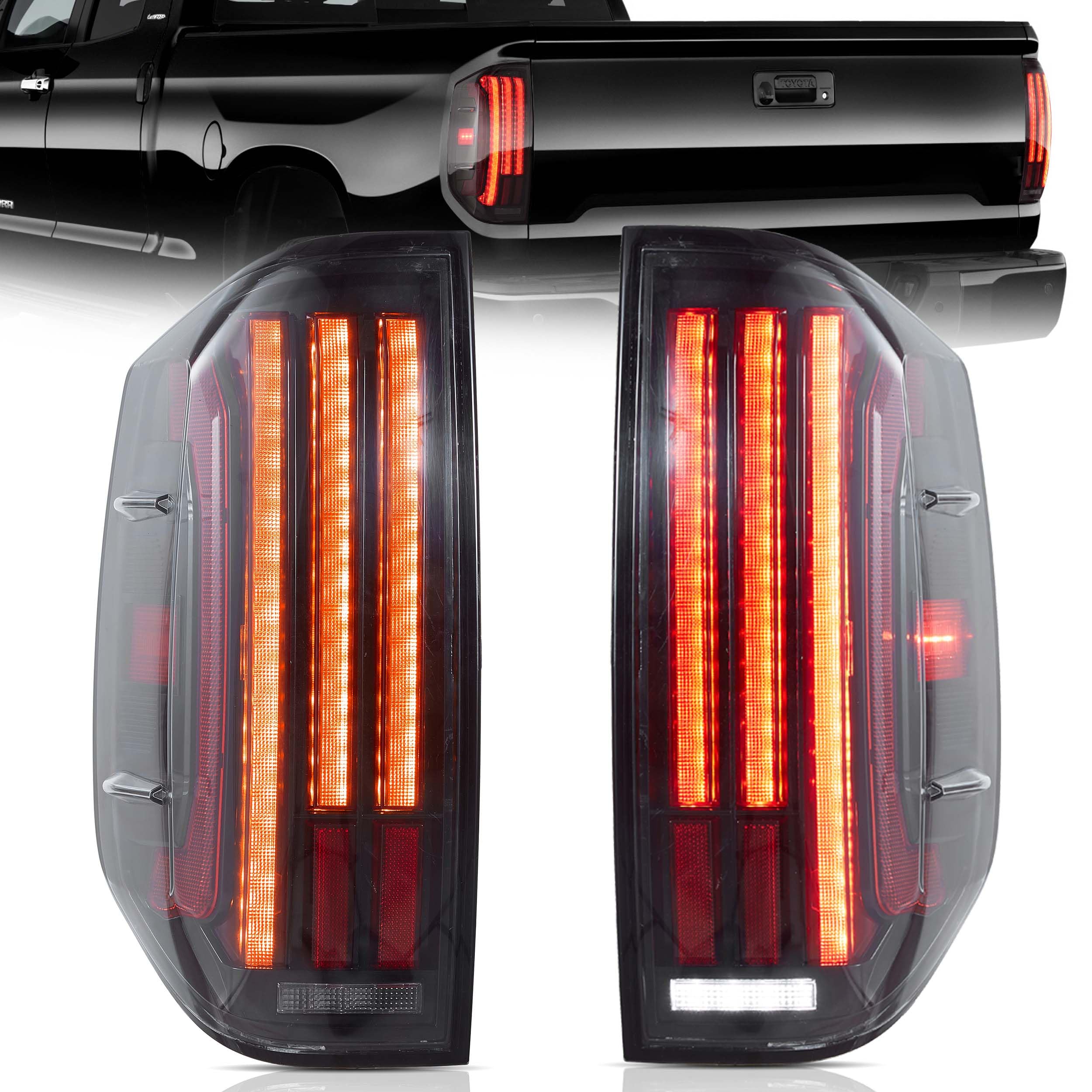 VLAND LED Tail Lights Compatible with 2014-2021 Toyota Tundra, with Red Sequential Turn Signal, with Startup Animation DRL, Clear
