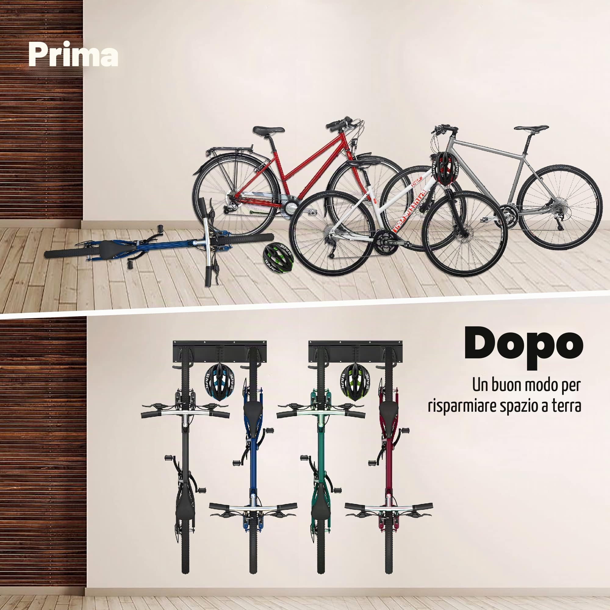 Sinoer supporto a parete per biciclette, porta a parete per 4 biciclette e 2 caschi, gancio resistente per biciclette in acciaio pieno, 2 guide da 16 pollici.