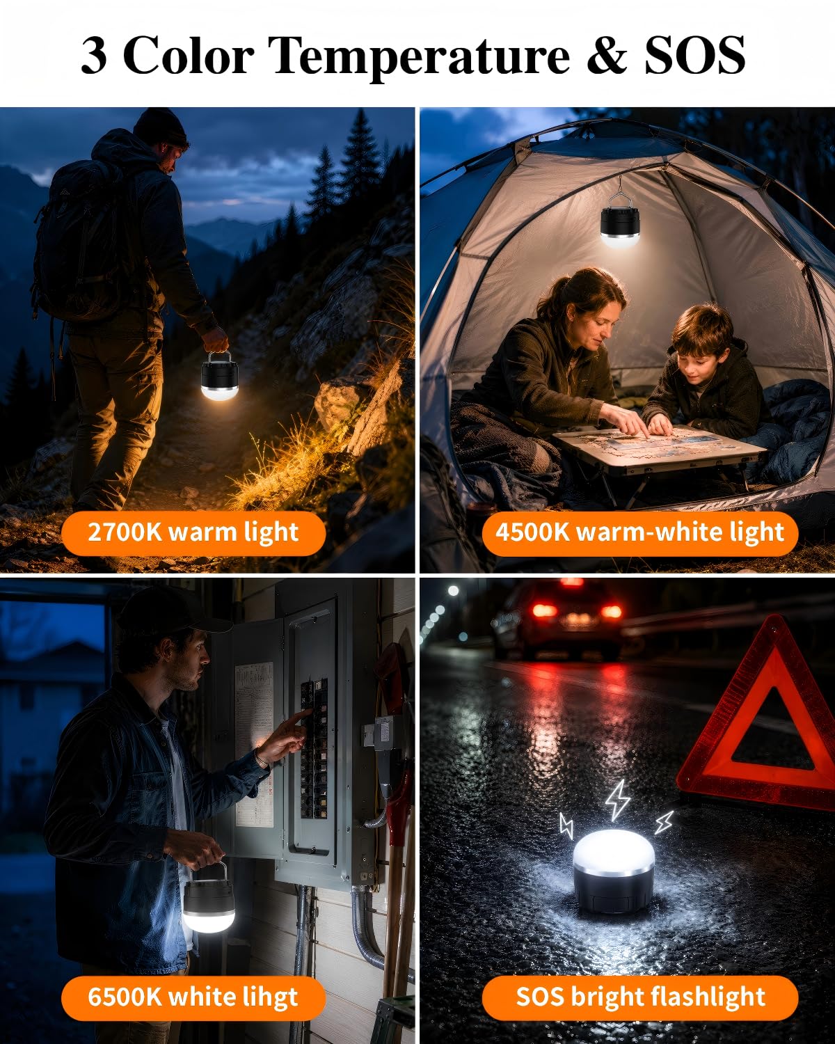 Linterna LED de camping recargable, esencial para campamento, cambio de color RGB, 1000 lm, 4 modos de luz, base magnética, impermeable IP65, linterna portátil para camping, senderismo, huracanes y