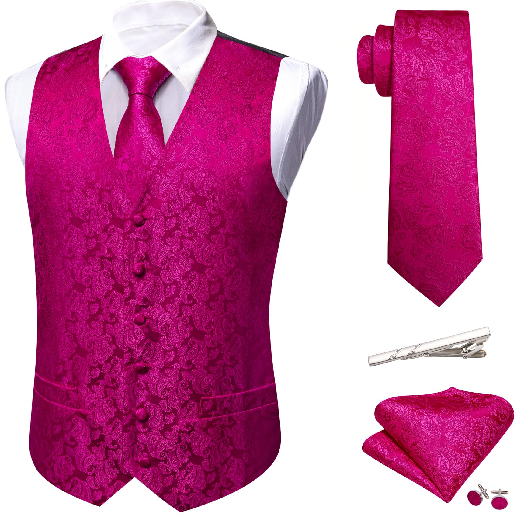 Barry.Wang Mens Suit Vest Floral Silk Waistcoat Ties Formal/Leisure 5PCS