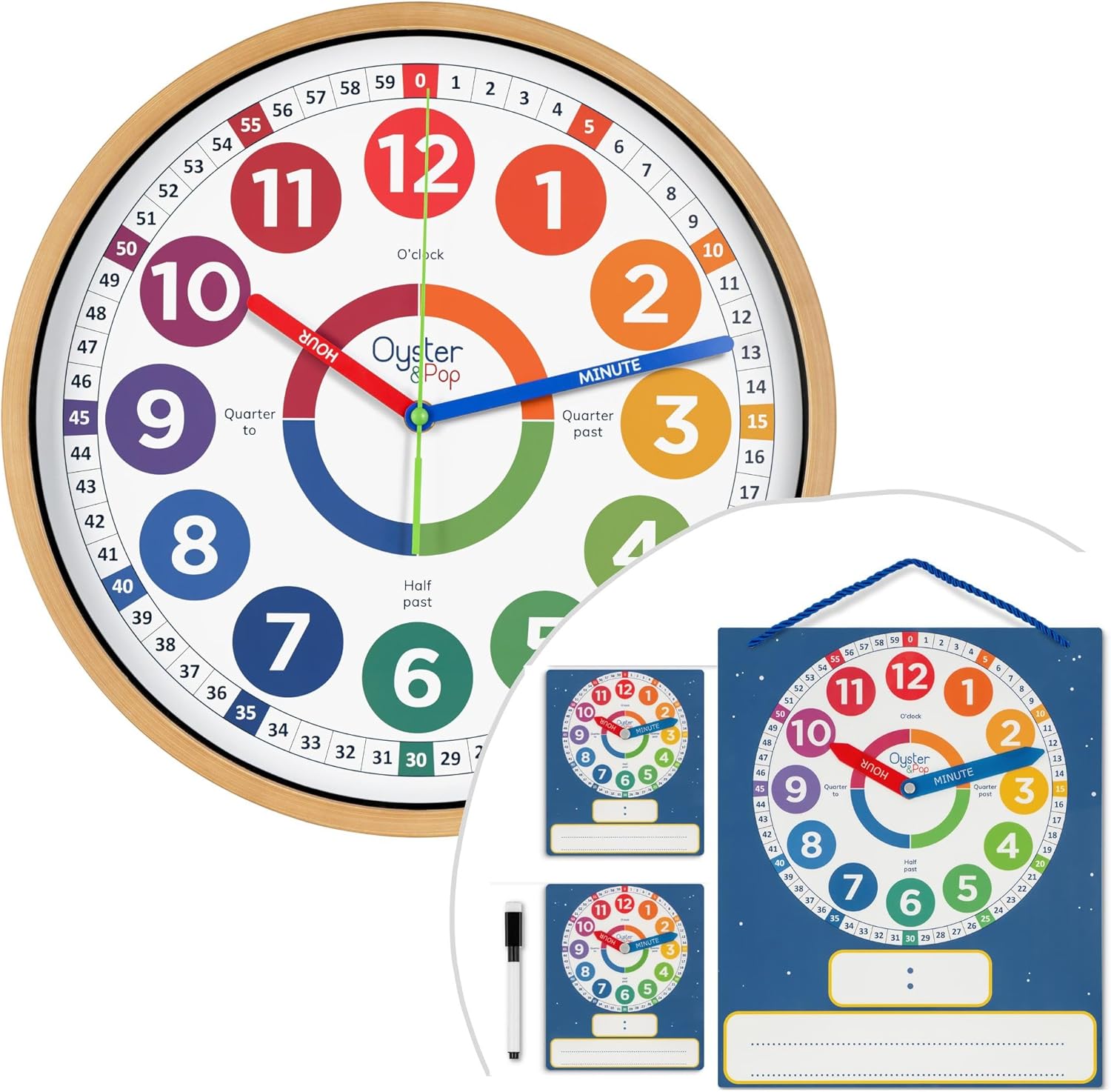 Oyster&Pop Learning Clock Bundle – Silent Analog Teaching Clock & 3-Pack Dry Erase Magnetic Clocks with Marker – Kids & Classroom Time Practice Set – Easy Time Learning for Children