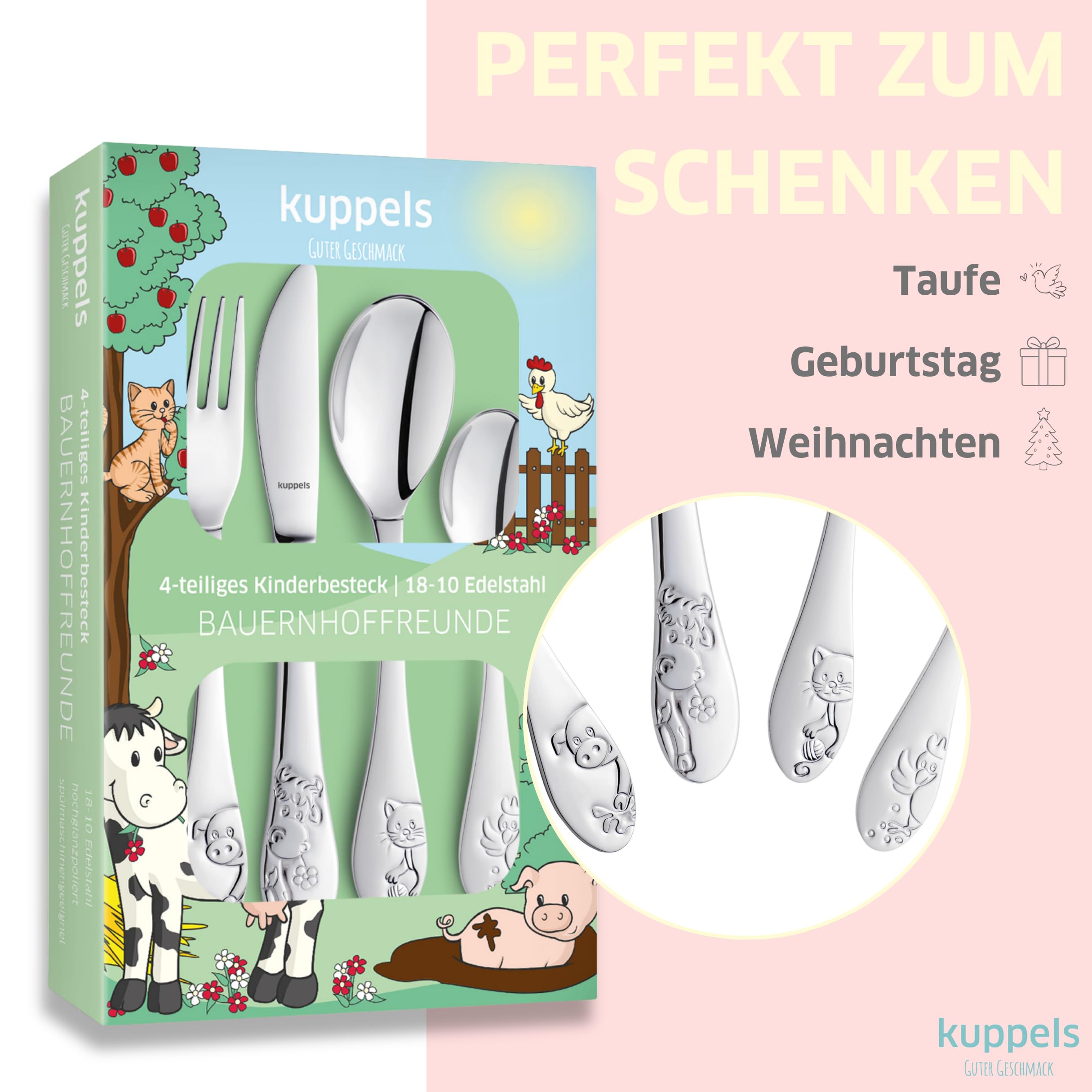 Kuppels Kinderbesteck 4-tlg, Bauernhoftier-Prägung, Edelstahl, ab 4 Jahre | Ergonomische Griffe, spülmaschinenfest, lebensmittelecht und rostfrei, inklusive hochwertiger Geschenkverpackung