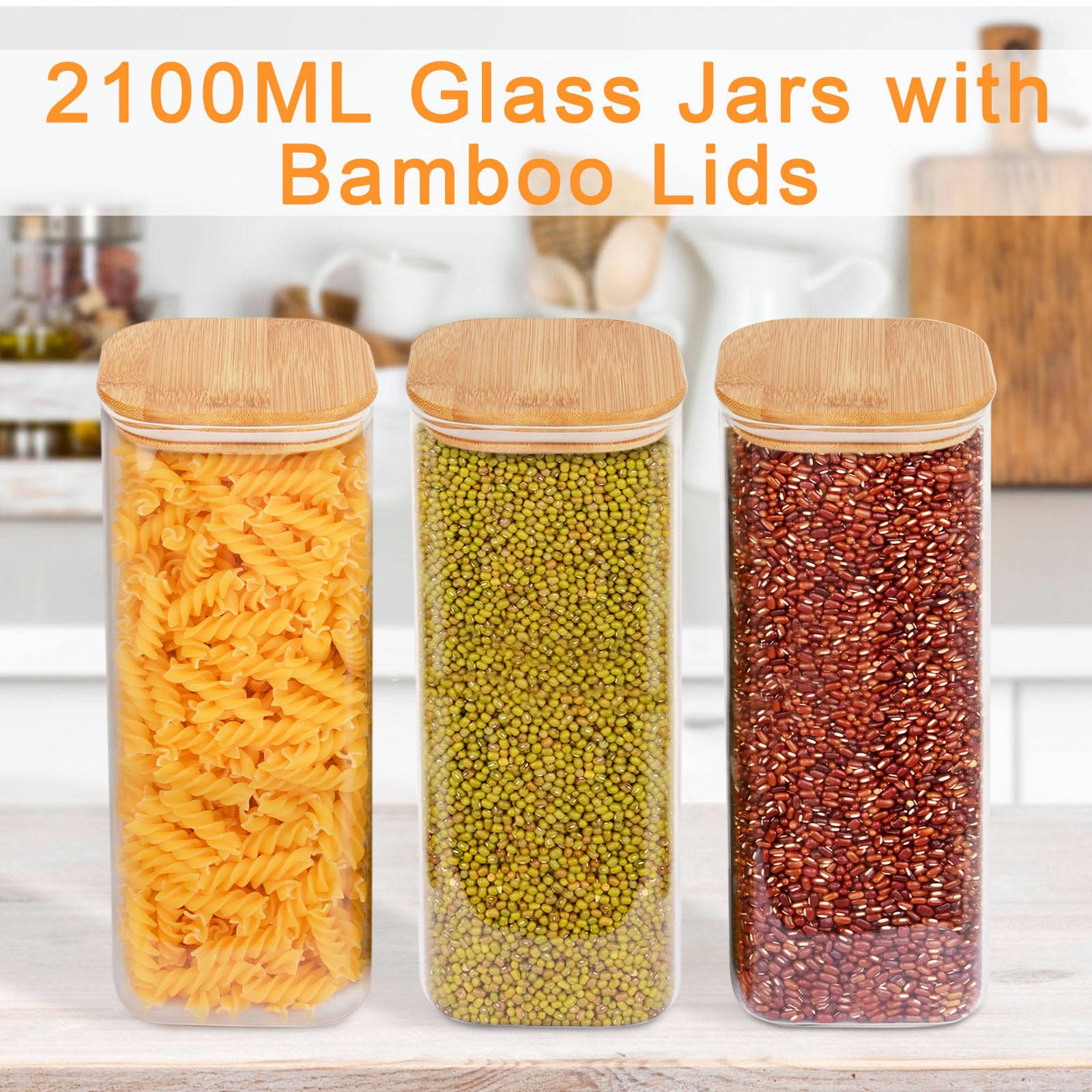 FINEW Set de 3 tarros de almacenamiento de vidrio con tapa de 2100 ml, tarros de almacenamiento cuadrados, grandes recipientes herméticos de vidrio, tarros de especias para cocina de espaguetis