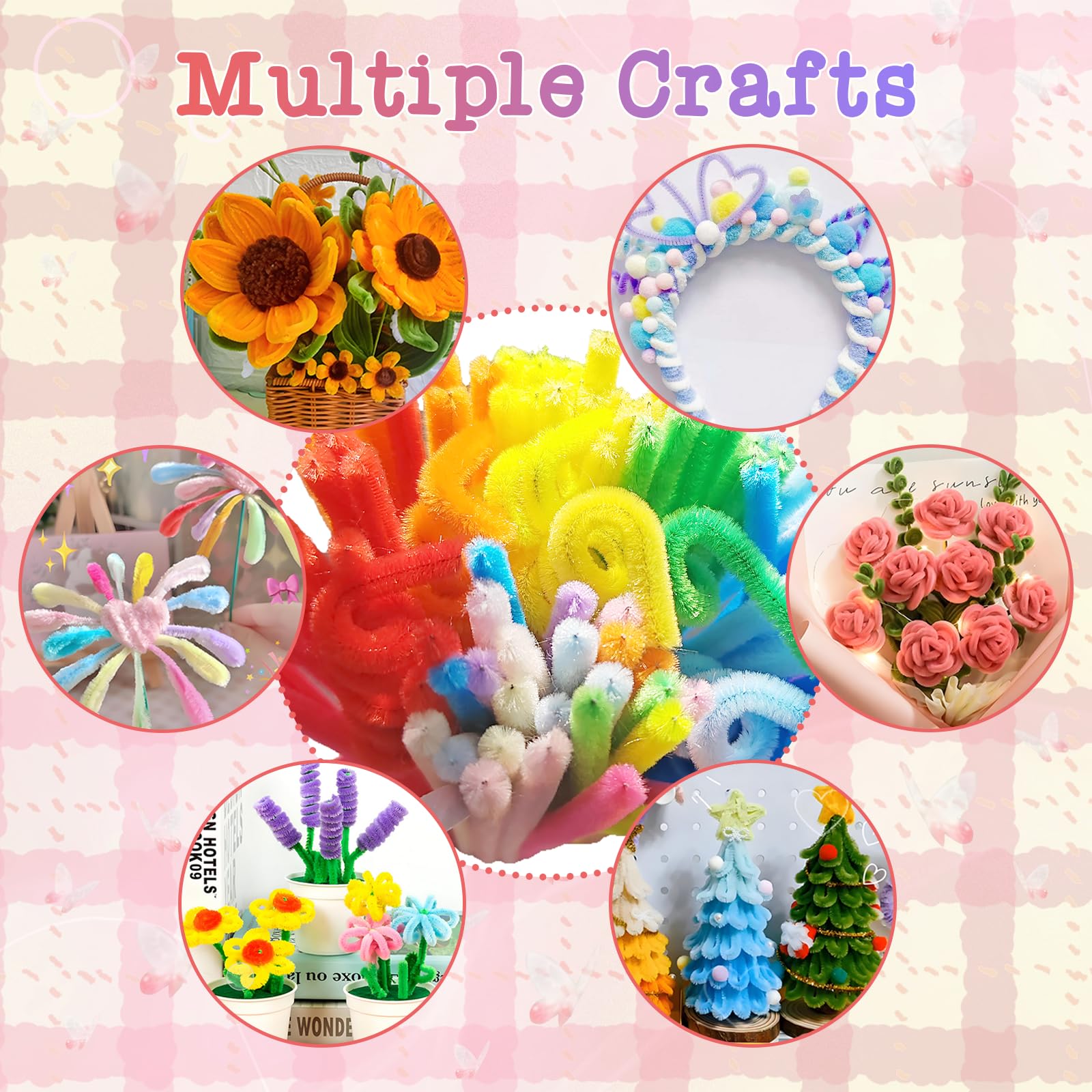 ASTARON 521 stuks pijpenreinigers knutselset, 5 kleuren pastel chenille stengels voor handwerk pijpenreinigers bloemen maken kit met bloemdraden, tuinband (paarse serie