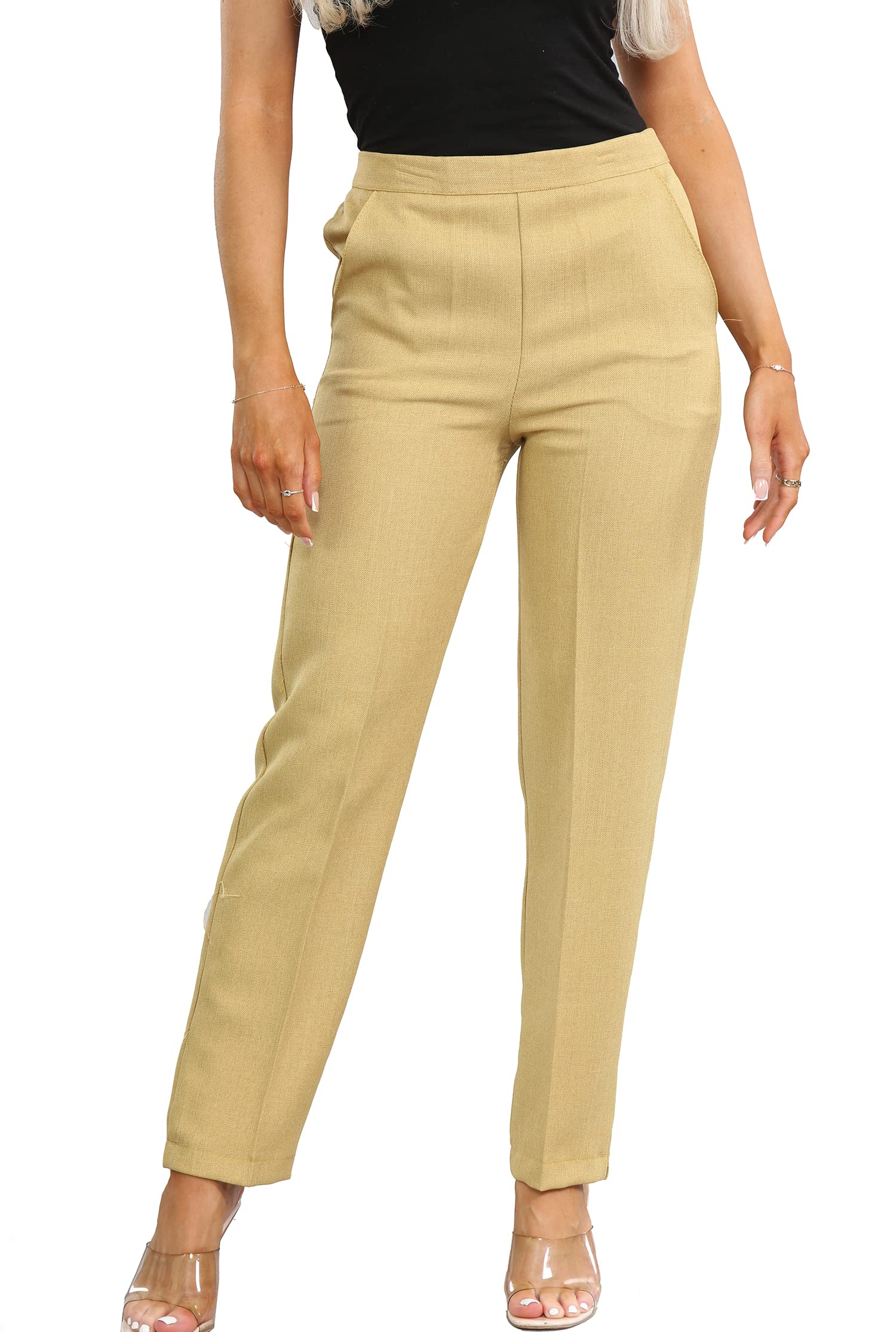INSAFIANS Ladies Half Elasticated Summer Trousers 3 Leg Length Flexible Stretchy Comfortable Formal Pants (as8, Numeric, Numeric_16, Regular, Long, Ochre)