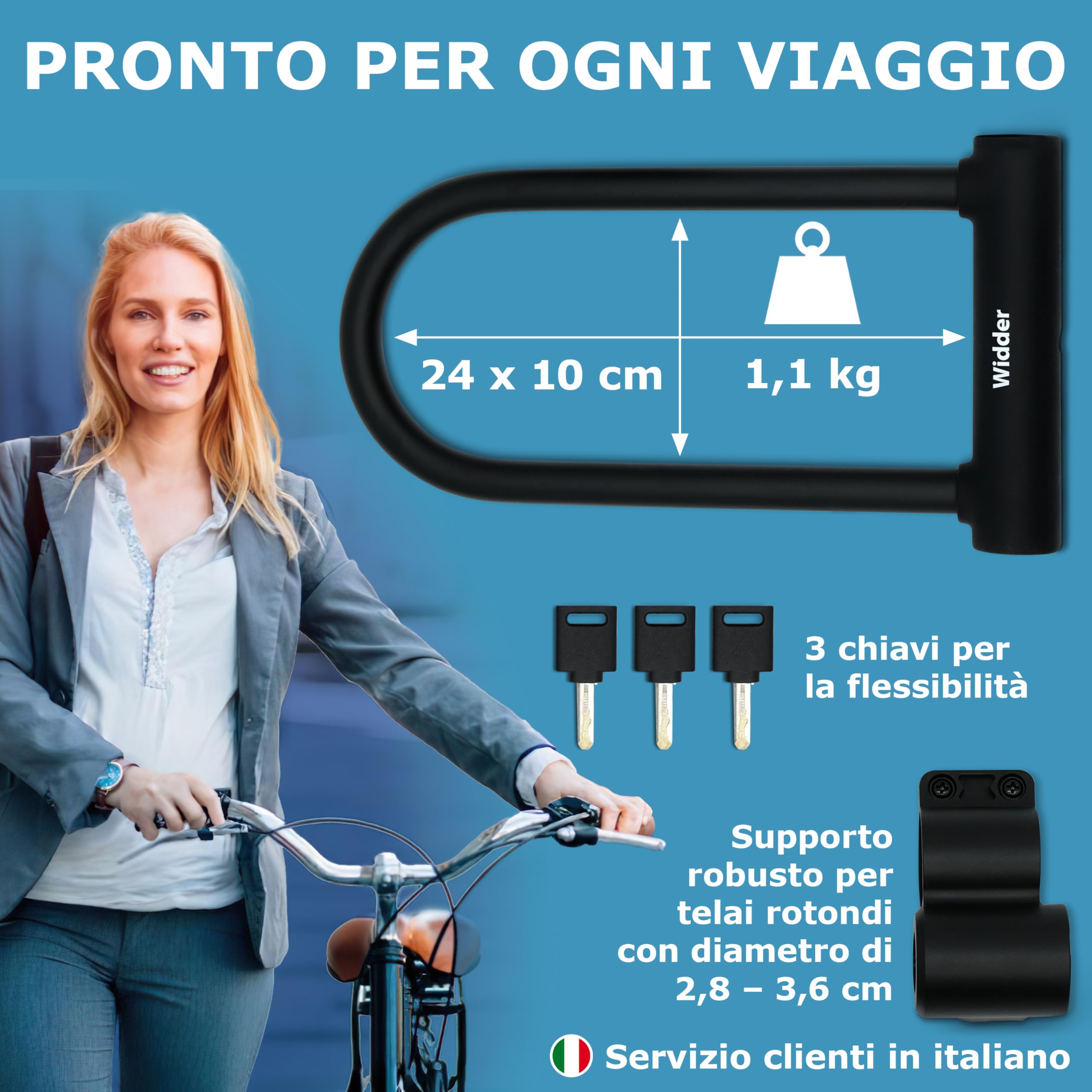 WIDDER Antifurto ad arco bici estremamente sicuro [Acciaio cromato Livello di sicurezza 15] Arco massiccio 18 mm, Lucchetto 64 cm circonferenza con Supporto & 3 chiavi, Antifurto e‑Bike & e‑Scooter