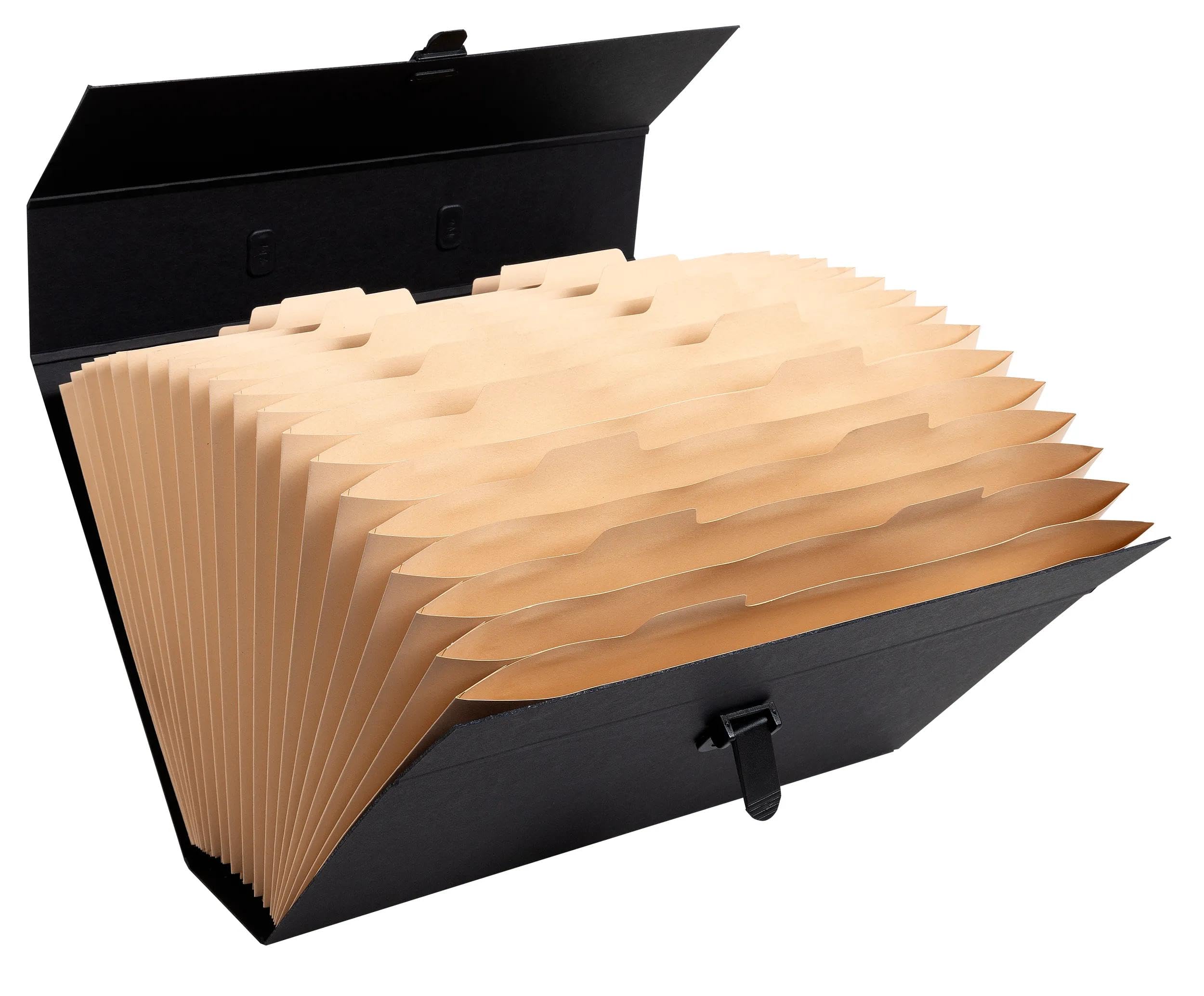 Exacompta - Ref. 58421E – Caja de 4 clasificadores, maleta con asa económica – cubierta acolchada de papel – cierre con botón pulsador – 20 compartimentos – dim 38,5 x 25 x 12 cm – color negro
