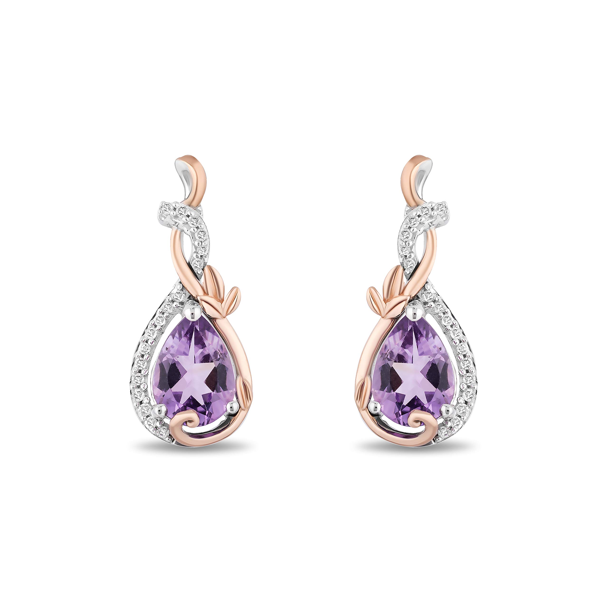 Jewelili Enchanted Disney Fine Jewelry Rapunzel Earrings for Women | 14K Rose Gold over Sterling Silver | Amethyst & 1/10 CTTW Natural White Round Diamonds | Push Back Dangles |Princess Gifts for Her