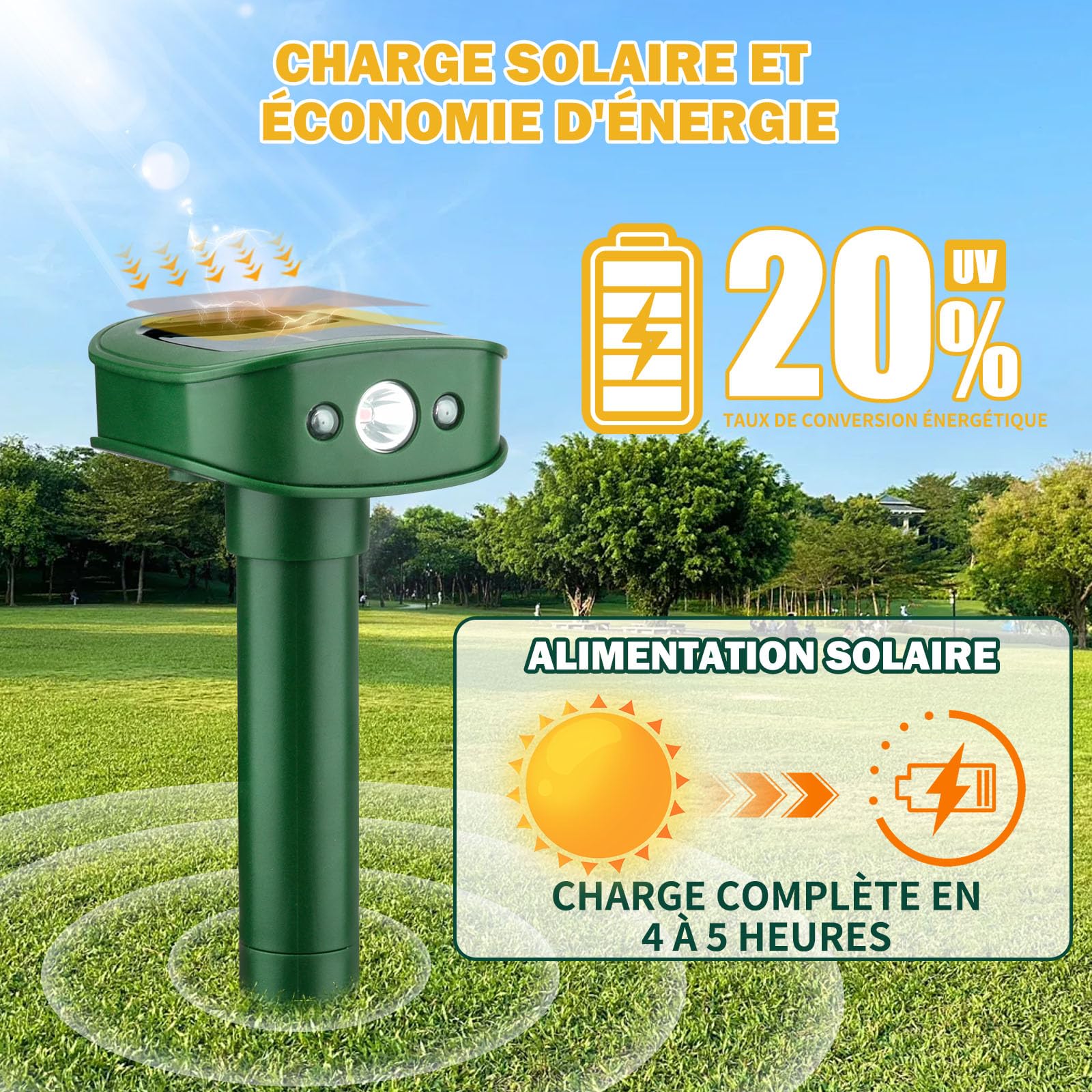 4 Pièces Répulsif Taupes, 20㎡ Nouveau Vibrations Répulsif Solaire pour Martres avec Lumière LED, Imperméable IP45 Effaroucheur Animaux Jardin pour Souris Taupes Lapins Serpents