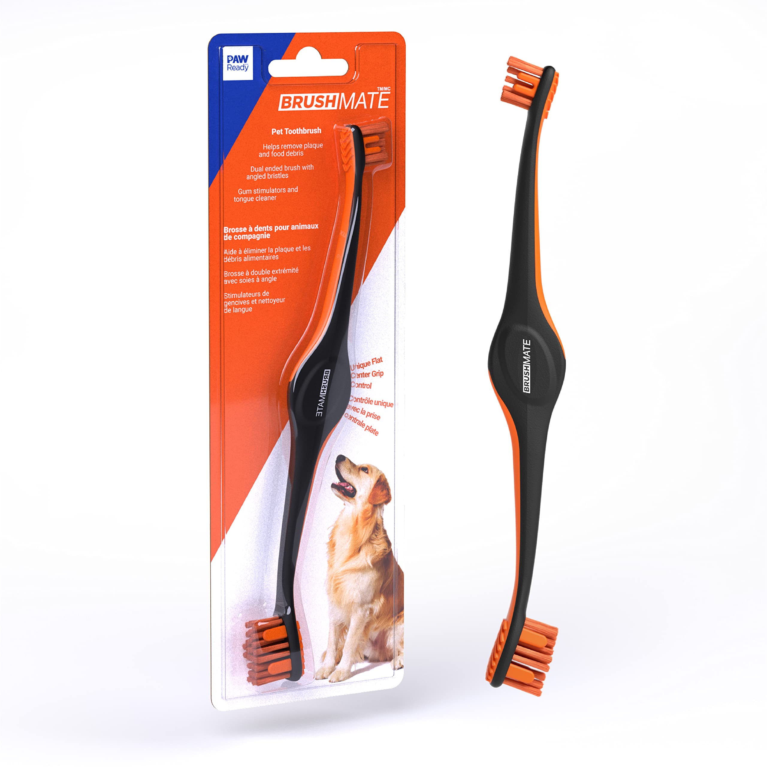 Brushmate Dog Toothbrush for Pet Puppies Dogs and Cats Dual Size Angled Soft Brush Heads, Ergonomic Handle with a Flat Center that enhances Grip Control