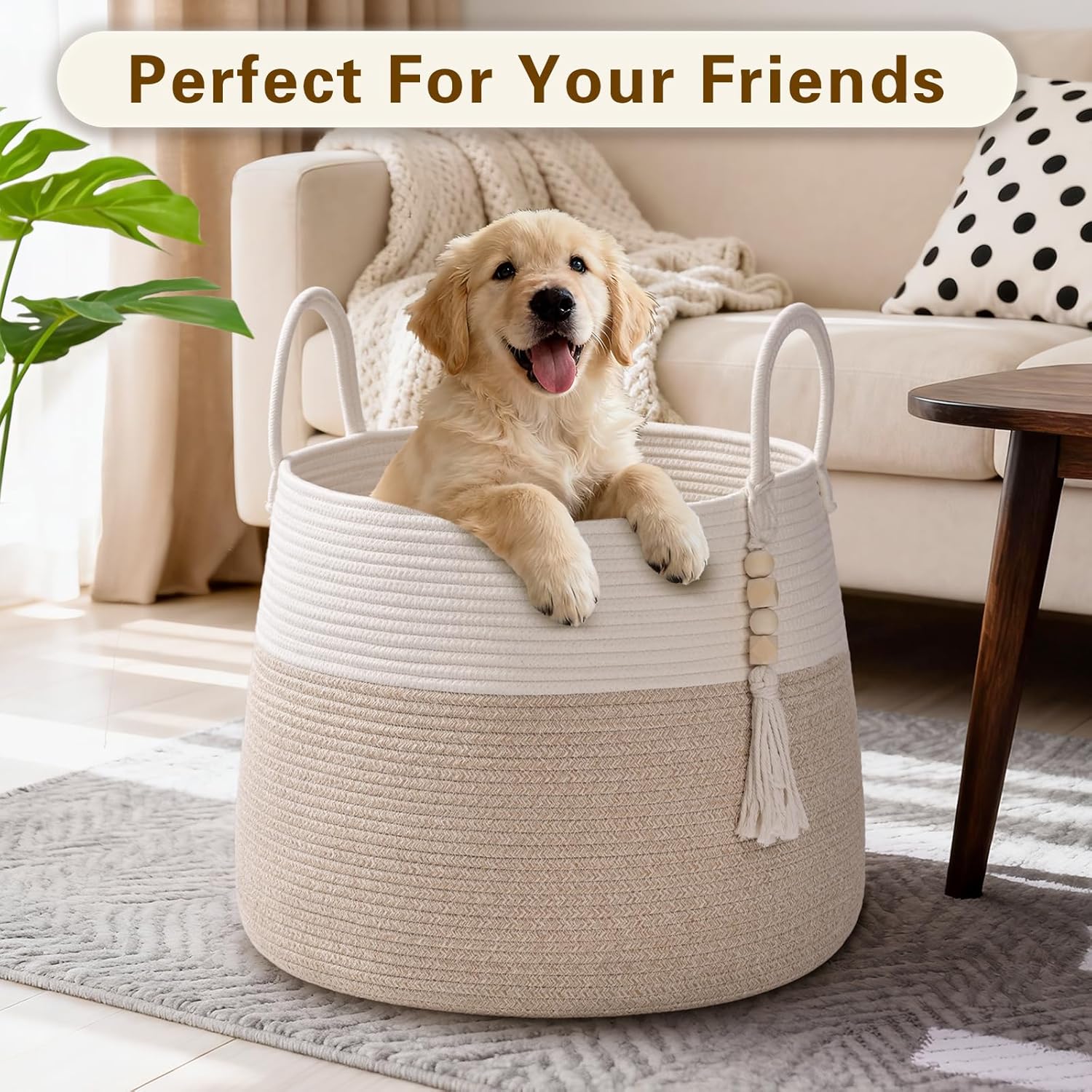 Large Nursery Hamper, 60L Blanket Basket with Handle, Baby Laundry Basket for Gift, Toy, Clothes, Woven Storage Basket with Wooden Bead Decor, Baby Hamper for Nursery(Brown)