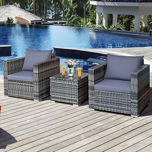 Miniatura 7 de RELAX4LIFE Juego de muebles de exterior de 3 piezas juego de sofá de ratán de polietileno para todo tipo de clima con cojines gruesos y mesa de café