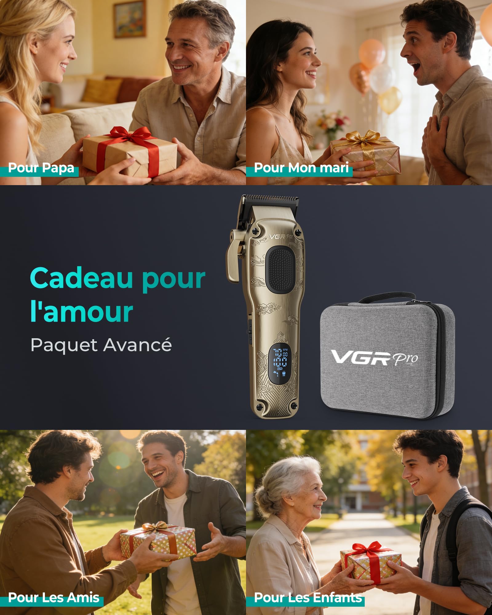 VGRPRO Tondeuse Cheveux Hommes Professionnel, tondeuse homme sans fil avec étui, Électrique kit de coupe pour maison & coiffeur, écran LED, cadeau homme (Gloden)