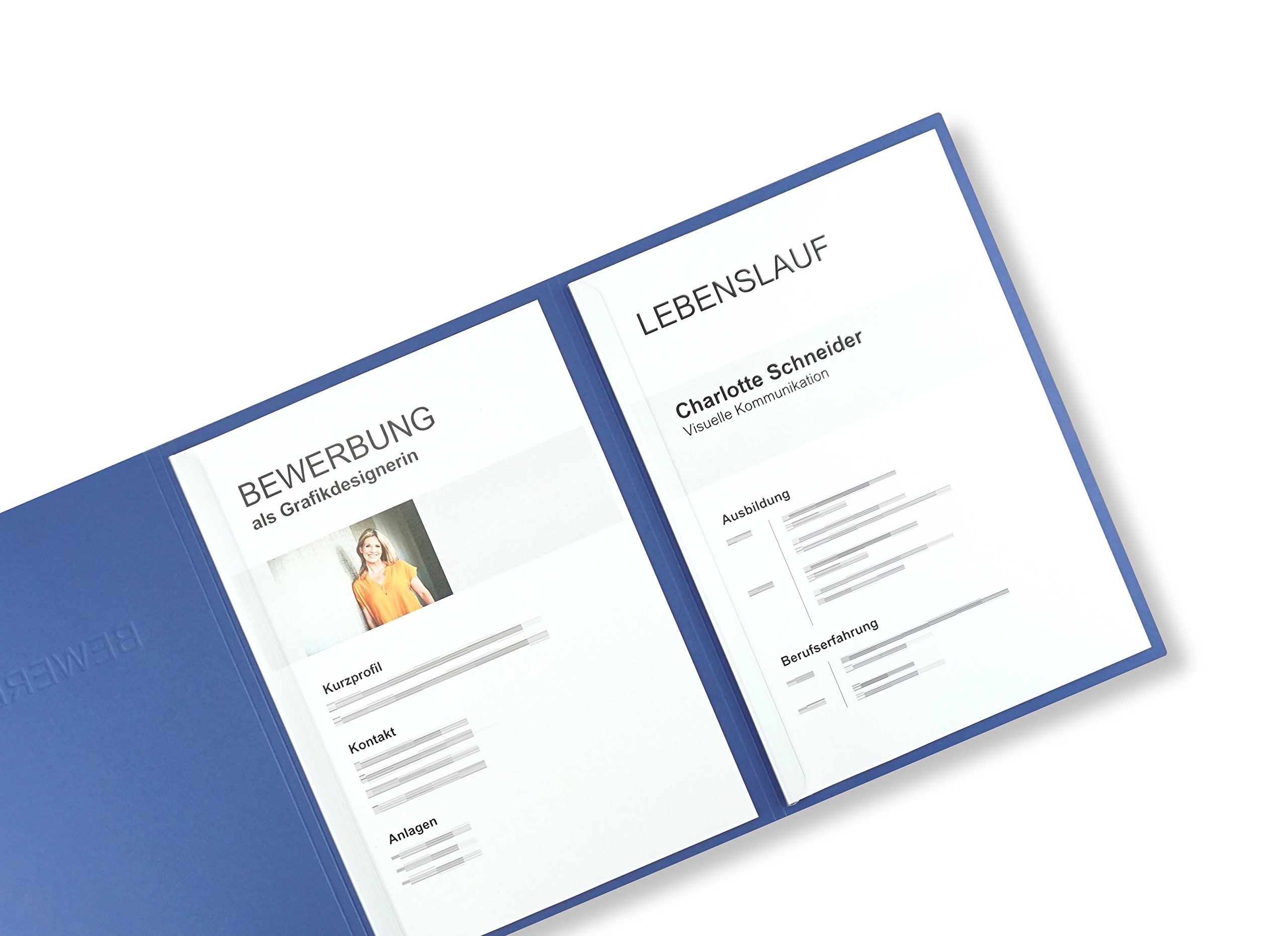 50 Stück 3-teilige Bewerbungsmappen Blau mit 2 Klemmschienen in feinster Lederstruktur - hochwertige Prägung ''BEWERBUNG'' - direkt vom Hersteller STRATAG