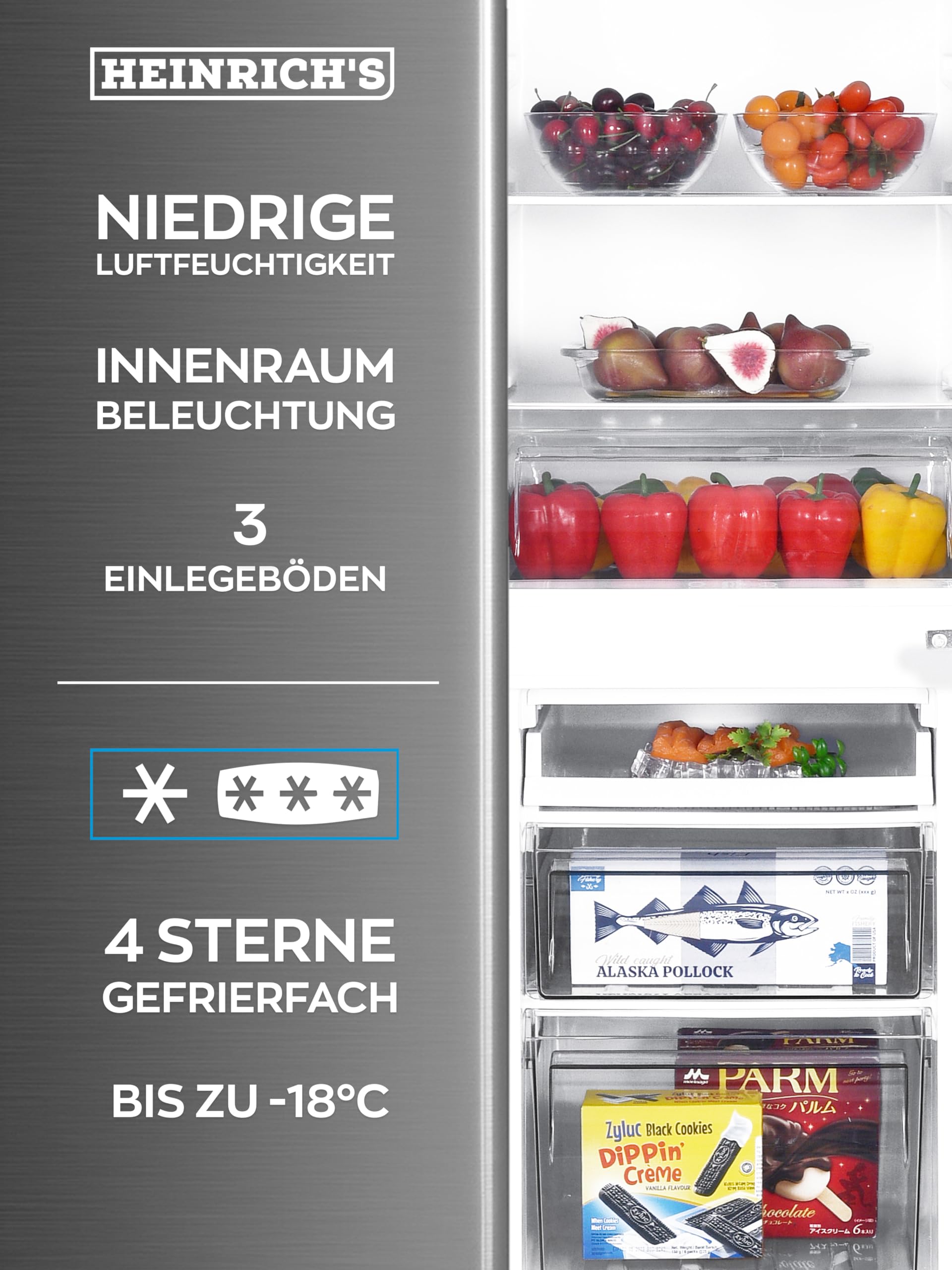 Heinrich´s Kühlgefrierkombination 173L Gesamtvolumen, 121L Kühlvolumen, 52L Gefriervolumen, LED Beleuchtung,Türanschlag wechselbar, leise 40dB, große Tiefkühlboxen, 7Temperaturstufen,inox