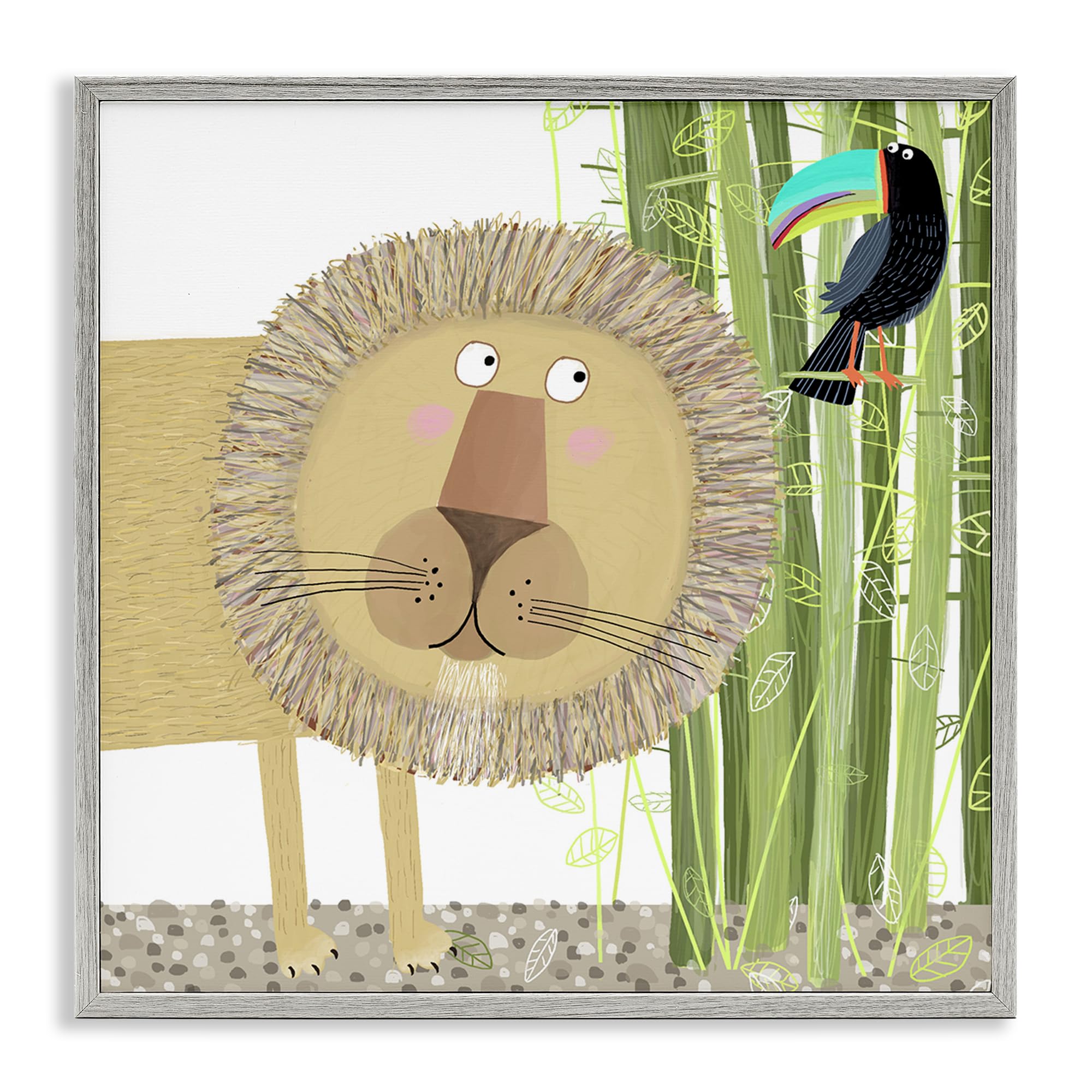 Stupell Industries Farmhouse Gray (Textured) 'Lion With Bamboo Trees & Toucan'| Framed Giclee Art