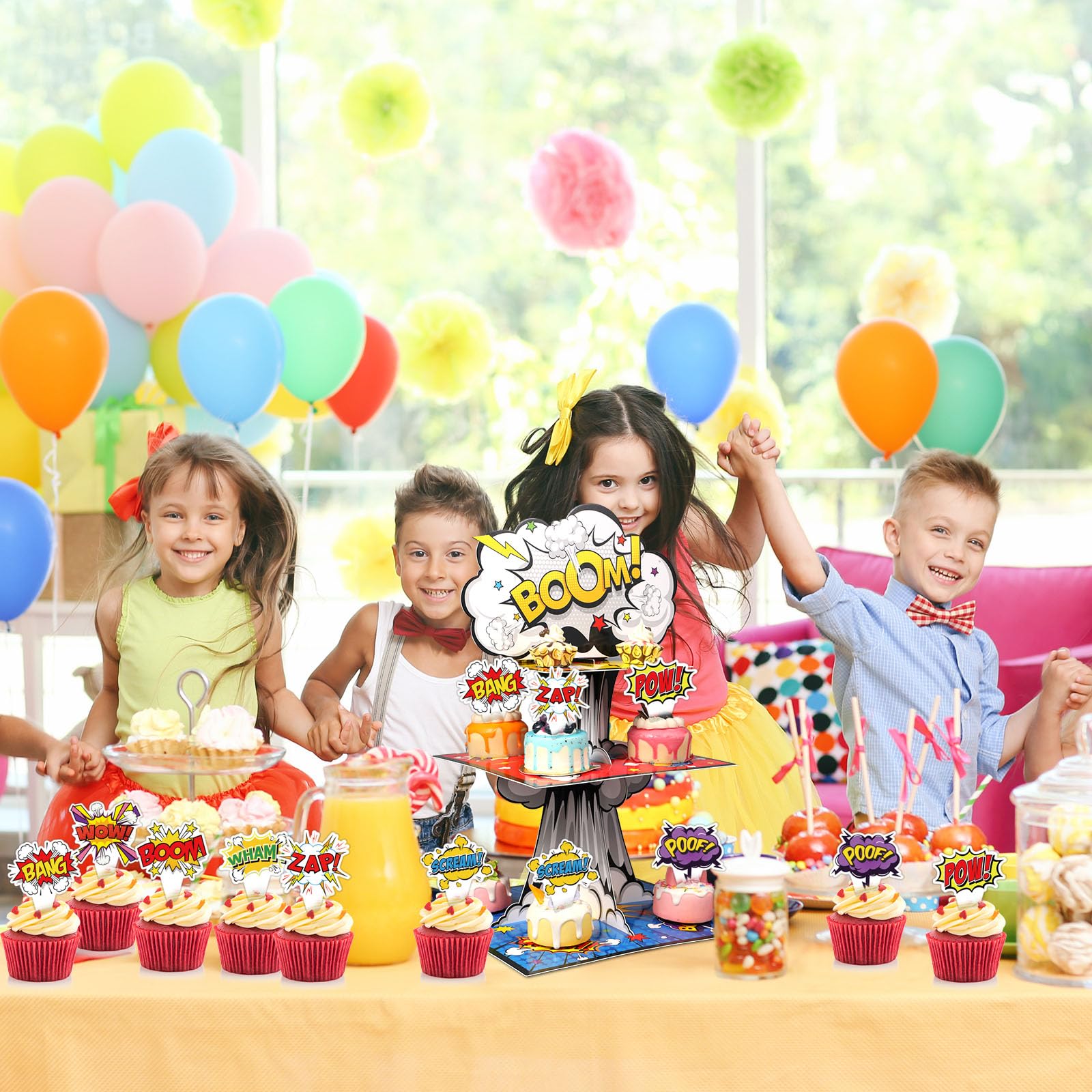 Zopeal Alzata per cupcake a 3 livelli con 24 decorazioni per cupcake a fumetti, espositore per dessert, decorazioni per feste di compleanno o baby shower per bambini, bomboniere per fumetti