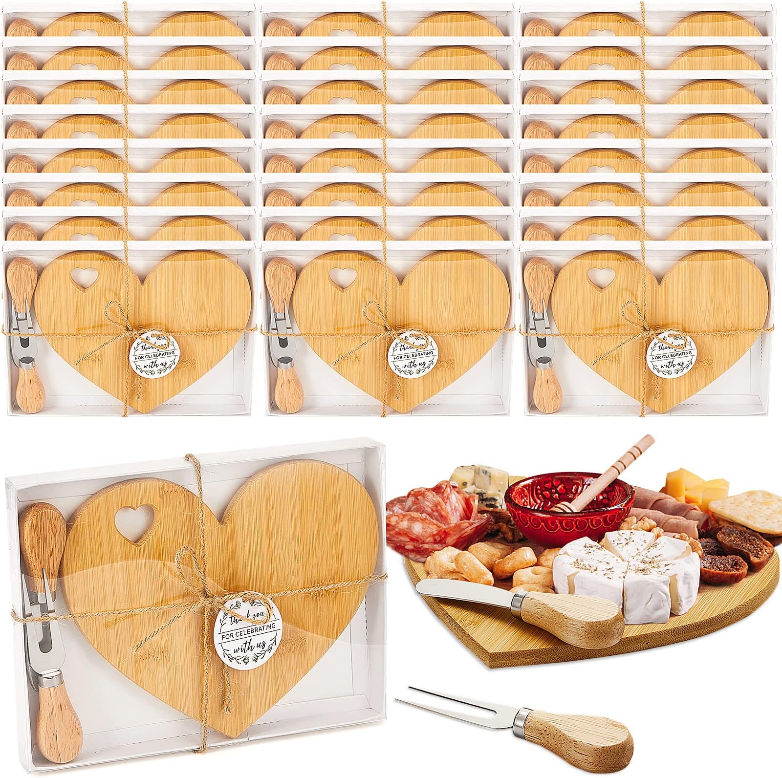 Patelai 24 Set Bridal Baby Shower Favor Heart Cheese Board with Knife, Wood Mini Charcuterie Board Thank You Gift Box for Guest Bridal Baby Shower Prize Wedding Valentines Birthday (Bamboo Color)