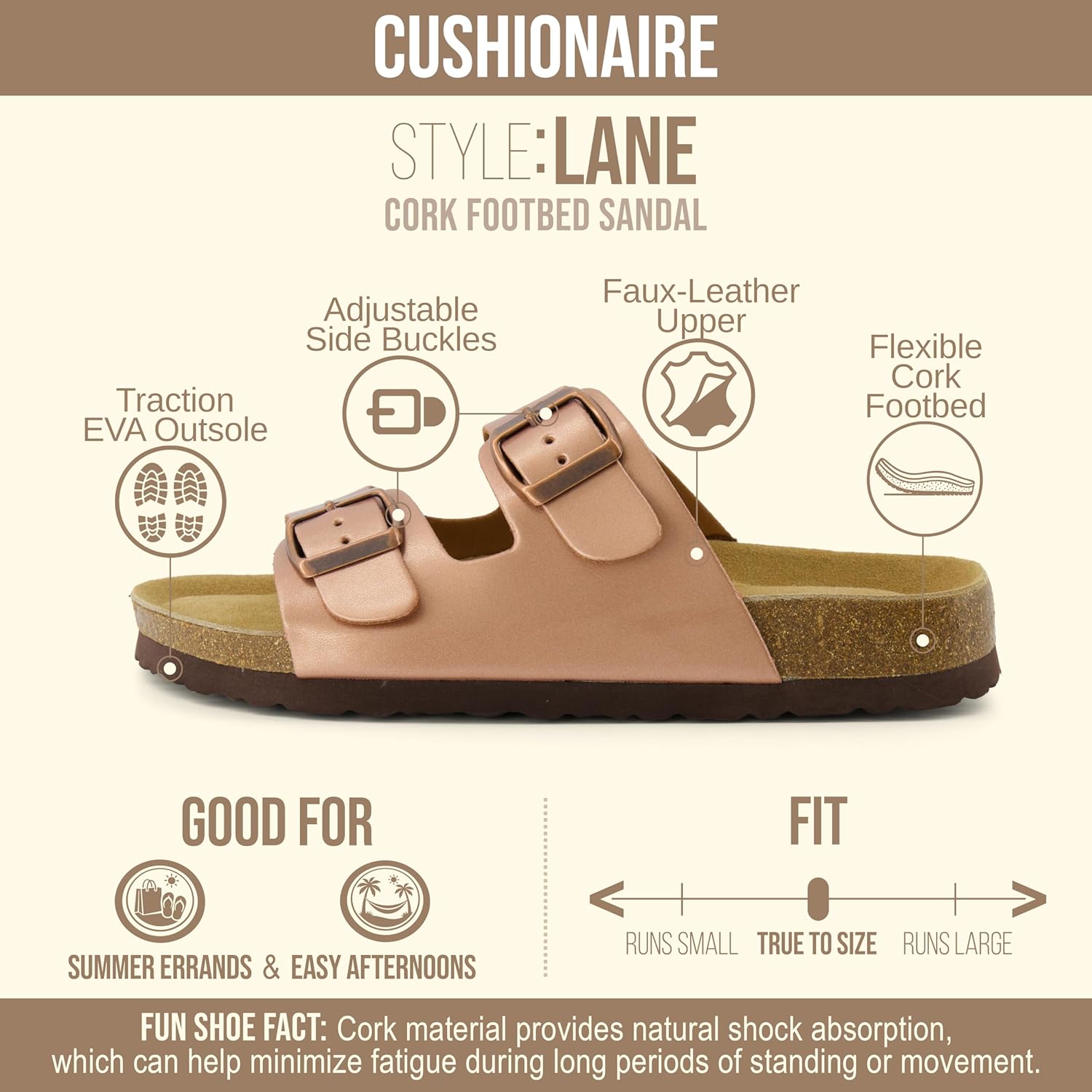 CUSHIONAIRE Lane Cork Footbed Sandals for Women – Comfortable Double Buckle Slip-On with Genuine Suede Footbed & Arch Support Slides for Women Footwear - Image 4
