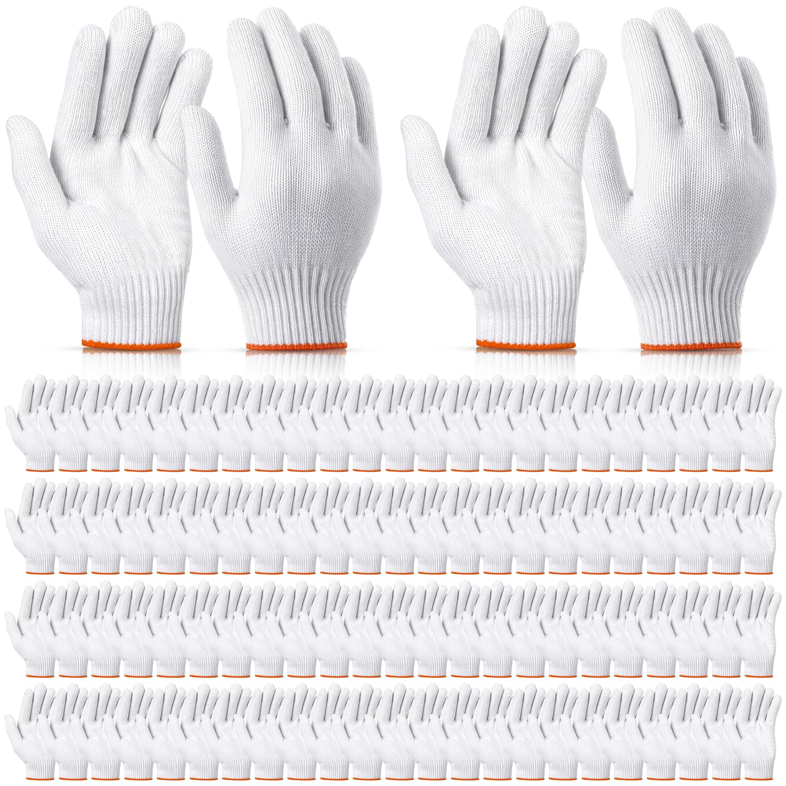 Sureio 100 pares de guantes de algodón para mano, forro de algodón, guantes de poliéster de punto de seguridad para barbacoa, hombres y mujeres (blanco)