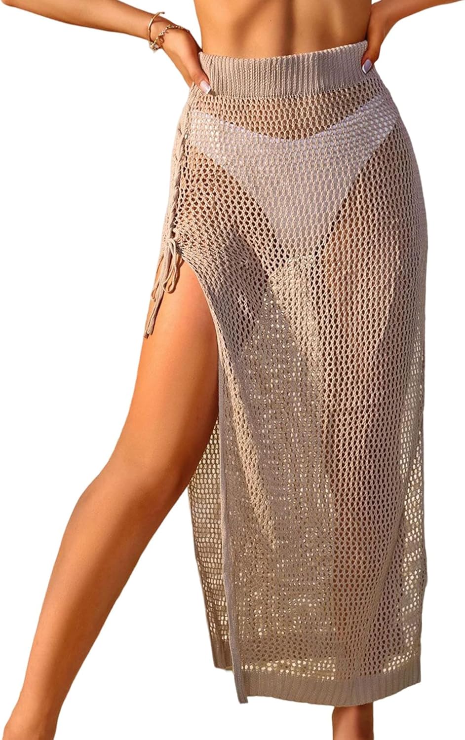 ZAFUL Women's Swimsuit Cover Up Crochet Sheer Knit Side Slit Maxi Beach Skirt Sarong