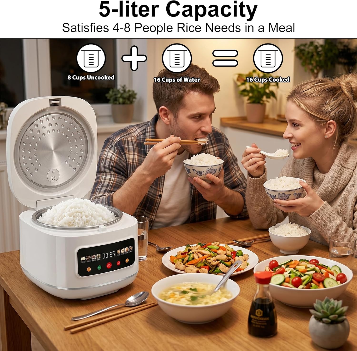 5L Digital Touch Screen Rice Cooker with 8 Menu Options & Auto Keep Warm, 8-Cup Uncooked / 16-Cup Cooked Capacity, Non-Stick Inner Pot and Steamer Basket, 24 Hour Delay Timer, Rice Maker for White/Brown Rice, Quinoa, Oatmeal, Porridge, Soup