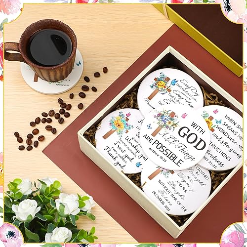 Miniatura 4 de Umigy Juego de 6 posavasos cristianos para bebidas con versículos de la Biblia, con soporte, inspirador, absorbente, de cerámica, regalo religioso