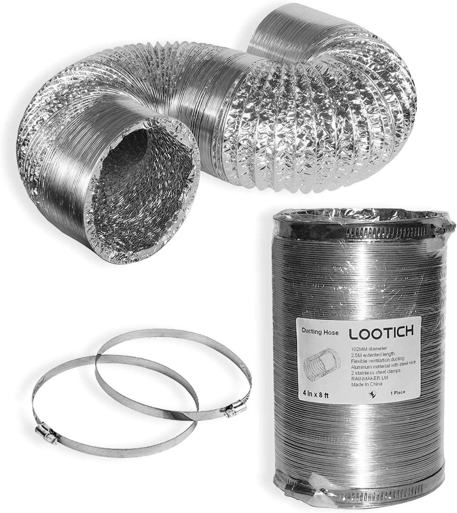New Version Sturdy 4 Inch 8 Feet Non-Insulated Flex Air Aluminum Ducting Vent Hose for HVAC Ventilation with 2 Stainless Steel Clamps