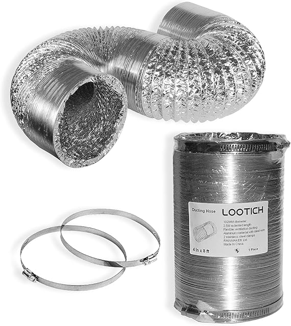 LOOTICH Sturdy 4 Inch 8 Feet Non-Insulated Flex Air Aluminum Ducting Vent Hose for HVAC Ventilation 2 Stainless Steel Clamps Included