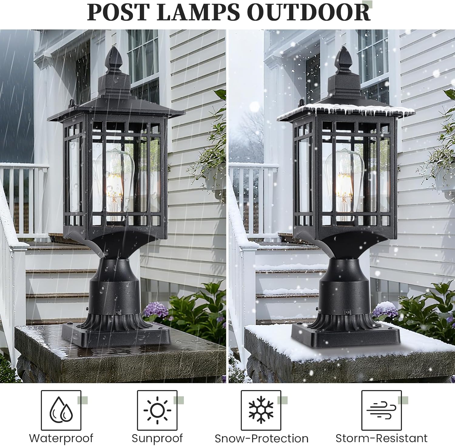 Outdoor Post Light，17in Matte Black， Lamp Post Light Fixture, Waterproof Aluminum Housing with Glass，Outdoor Lighting Pole Lantern for Outside Yard Patio Pathway Garden Deck, Hard Wired