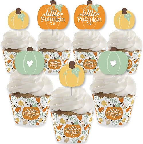 Big Dot of Happiness Little Pumpkin - Decoración para cupcakes, fiesta de cumpleaños de otoño o baby shower, kit de envolturas y púas de golosinas, disponible en Yaxa Colombia