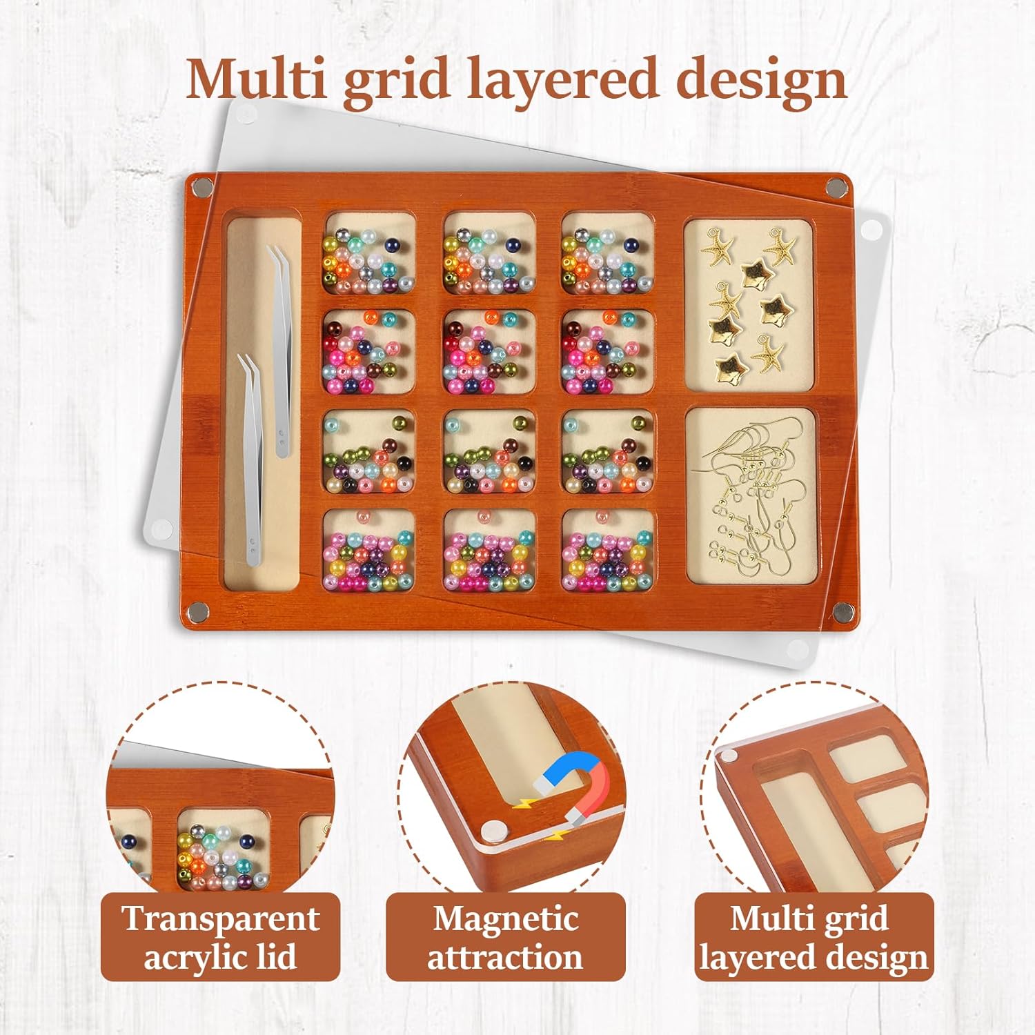 Wooden Bead Sorting Tray with Lid, Portable Compartmental Velvet Padding Bead Board with Magnetic Acrylic Cover, Beads Tray for Jewelry Bracelet Making for Home School Travel(Style 2)