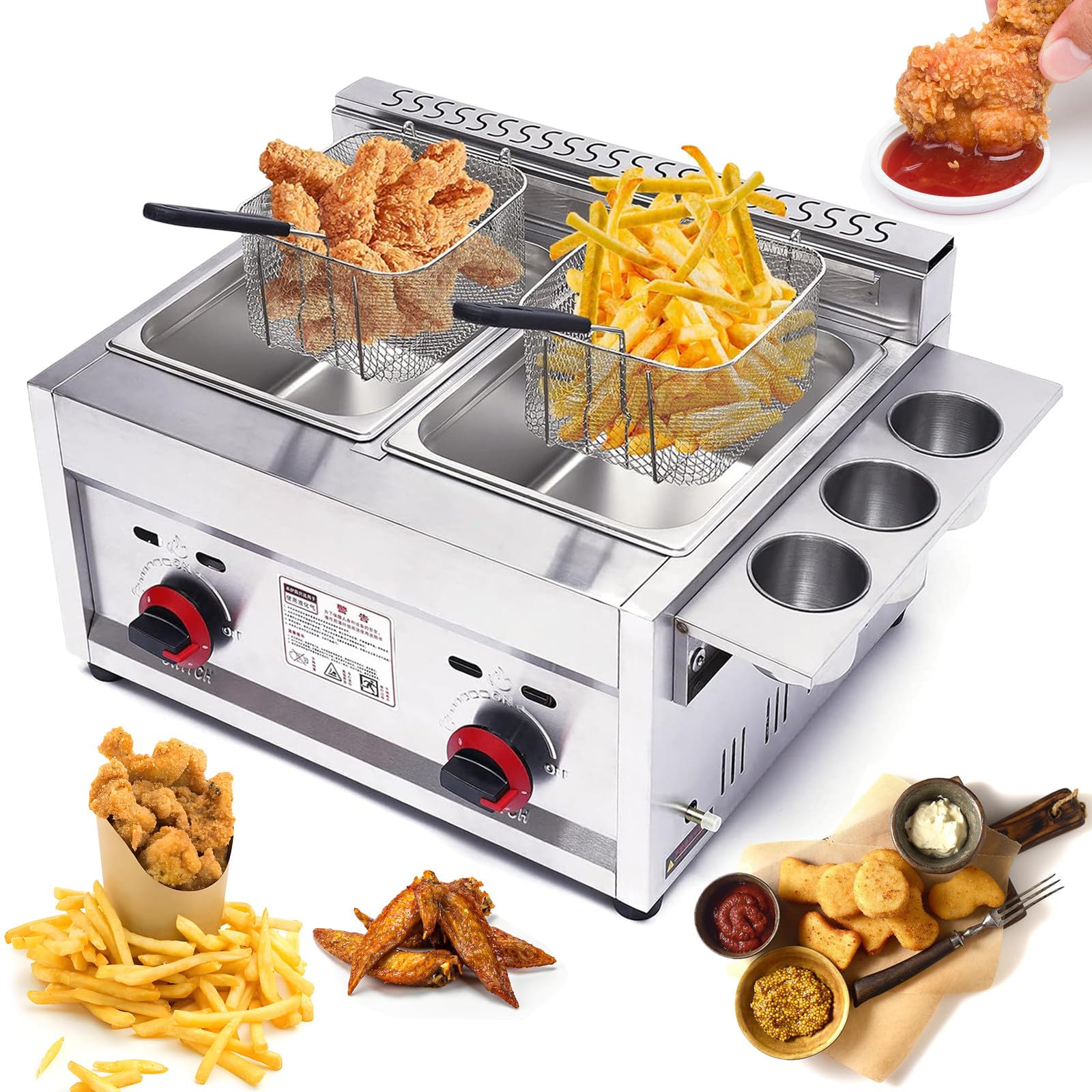 SICWEDIM Commercial Desktop Gas Fryer - Stainless Steel Deep Fryer for French Fries, Fish & More with Removable Basket and Lid for Snack Bar & Restaurant Kitchen, Liquefied Petroleum Gas