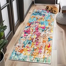 Carvapet 2x6 Red Abstract Runner Rug – Modern Washable 2 x 6 Low Pile Hallway Carpet with Rubber Backing, Foldable Non Slip Thin Rugs for Entryway, Bedroom, Living Room