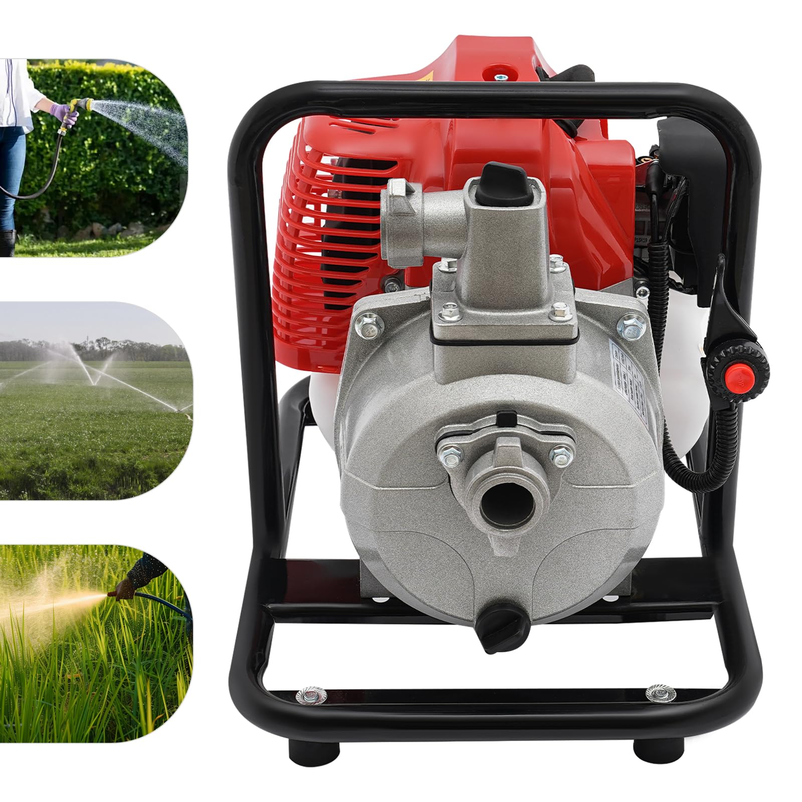 Pompa dell'acqua a benzina da 1 pollice con altezza di aspirazione 6 – 8 m e altezza di mandata 30 m, motore a 2 tempi, portata 8100 l/h, pompa da giardino per irrigazione, cambio acqua