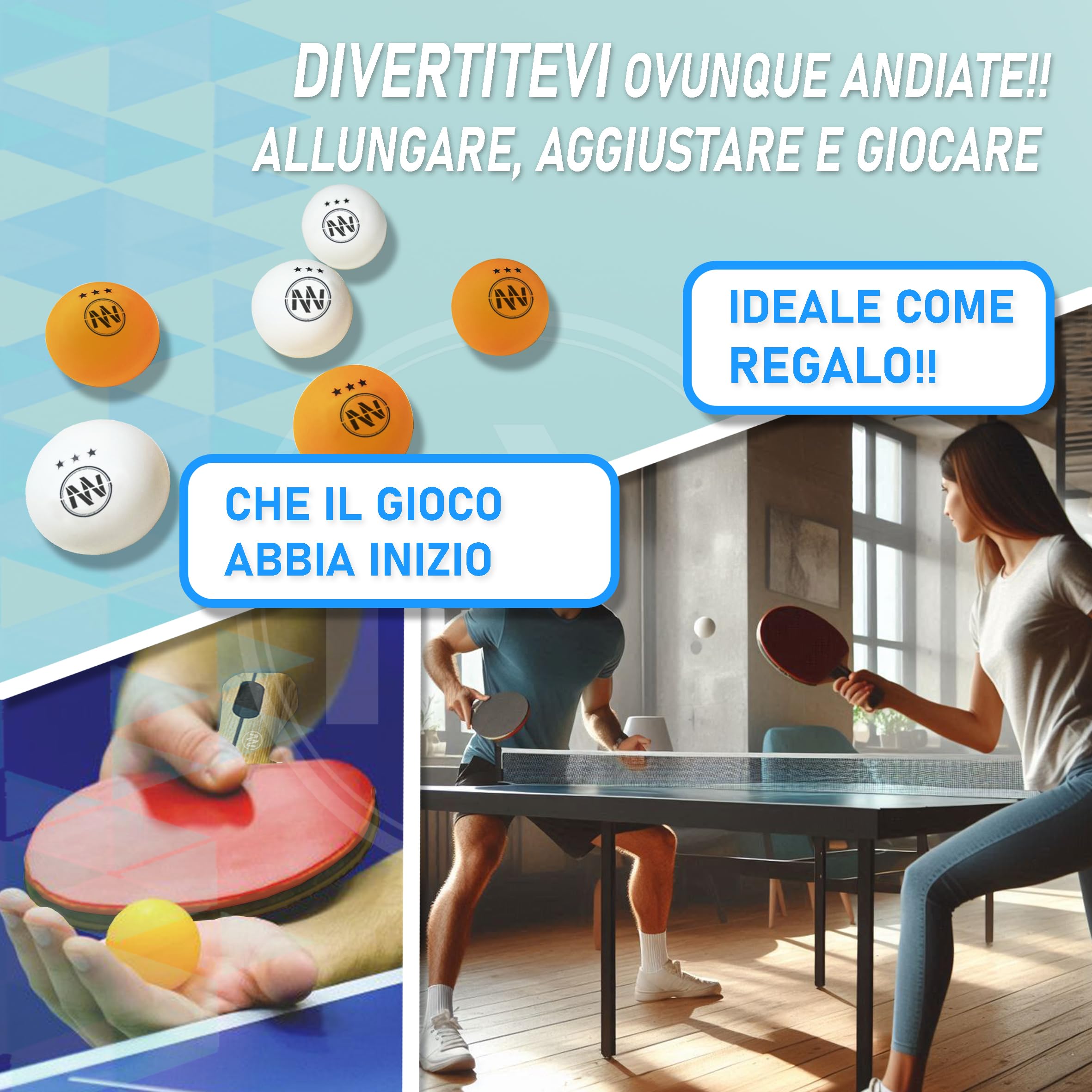 Set Ping Pong con Rete Estensibile - Pale Ping Pong Professionale - Palline Pong 3 Stelle - Rete Ping Pong Regolabile Tavolo - Ping Pong Set Portatile